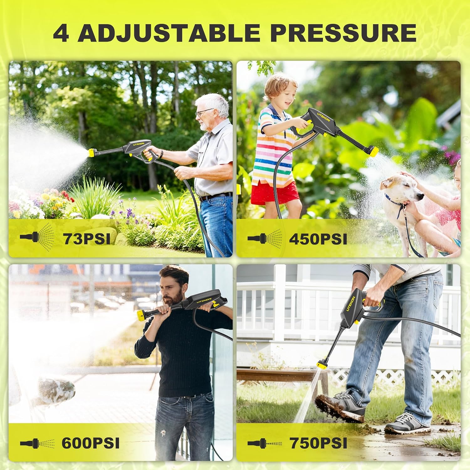 Litekon Portable Cordless Washer, 2x5.0Ah Battery, 4 Adjustable Model with 4.5Gal Tank 10FT Hose, 6-in-1 Nozzle for Car Washer,Patio,Camping - Image 6