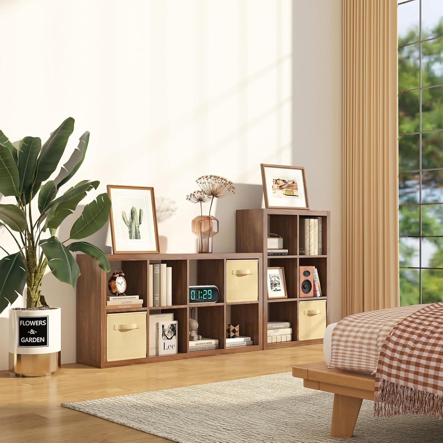 Bookshelf with Storage Bins, 16-Cube Storage Organizer Sturdy Wooden Cube Bookcase Horizontal Bookshelf with Storage, Furniture for Living Room Bedroom Office, Classic Oak - Image 2
