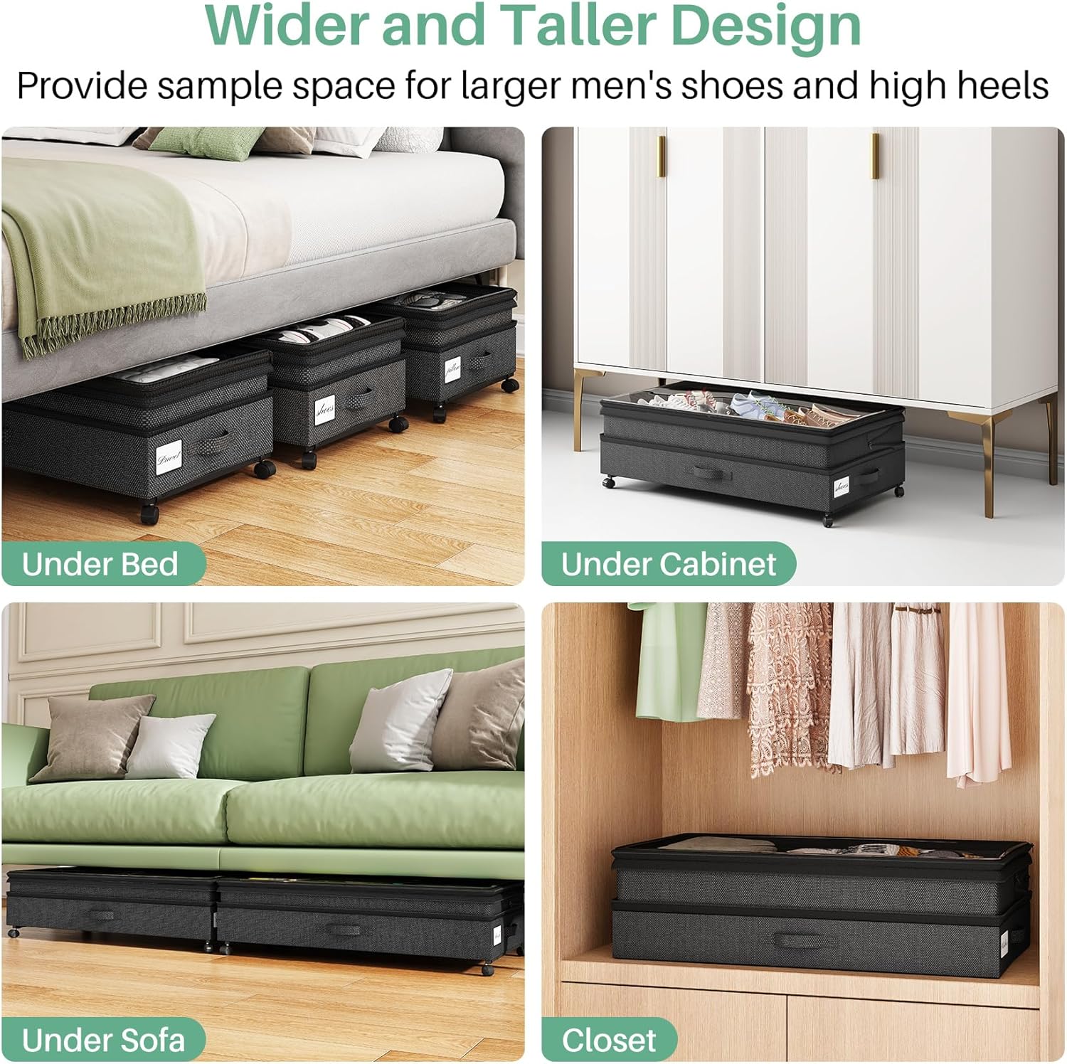 Kitstorack 4 Pack Height-adjustable Under Bed Storage with Wheels, Under Bed Storage Containers,Under Bed Shoe Storage Organizer with Clear Window&Label, Suitable for Clothes Storage, Black - Image 7