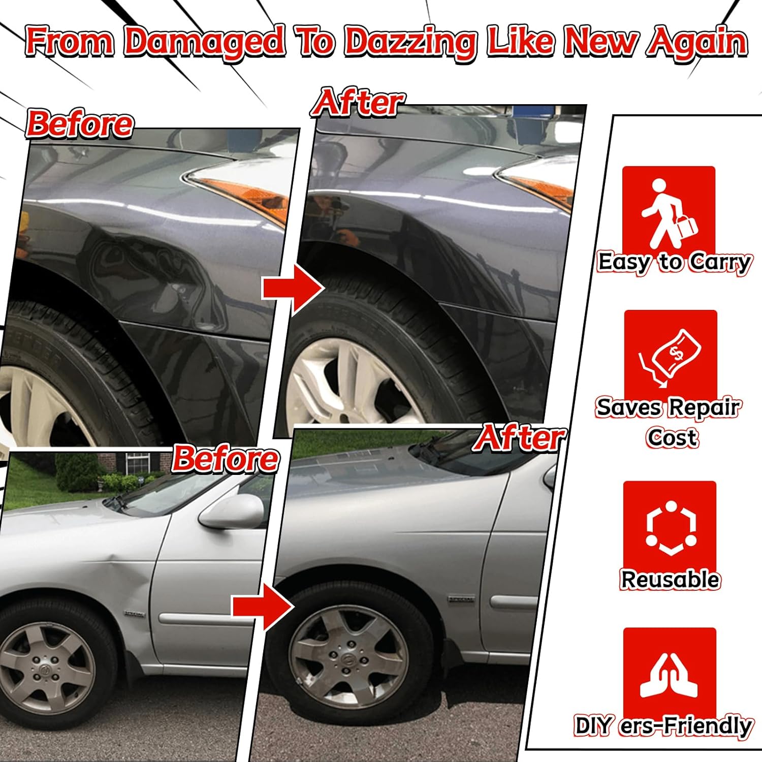 Dent Puller Kit for Car Dent Repair with Dent Reflect Line Board, Lightweight Dent Lifter, Rubber Hammer & Trim Removal Tools Set, Paintless Dent Removal for Auto Body Hail Damge Door Dings - Image 6