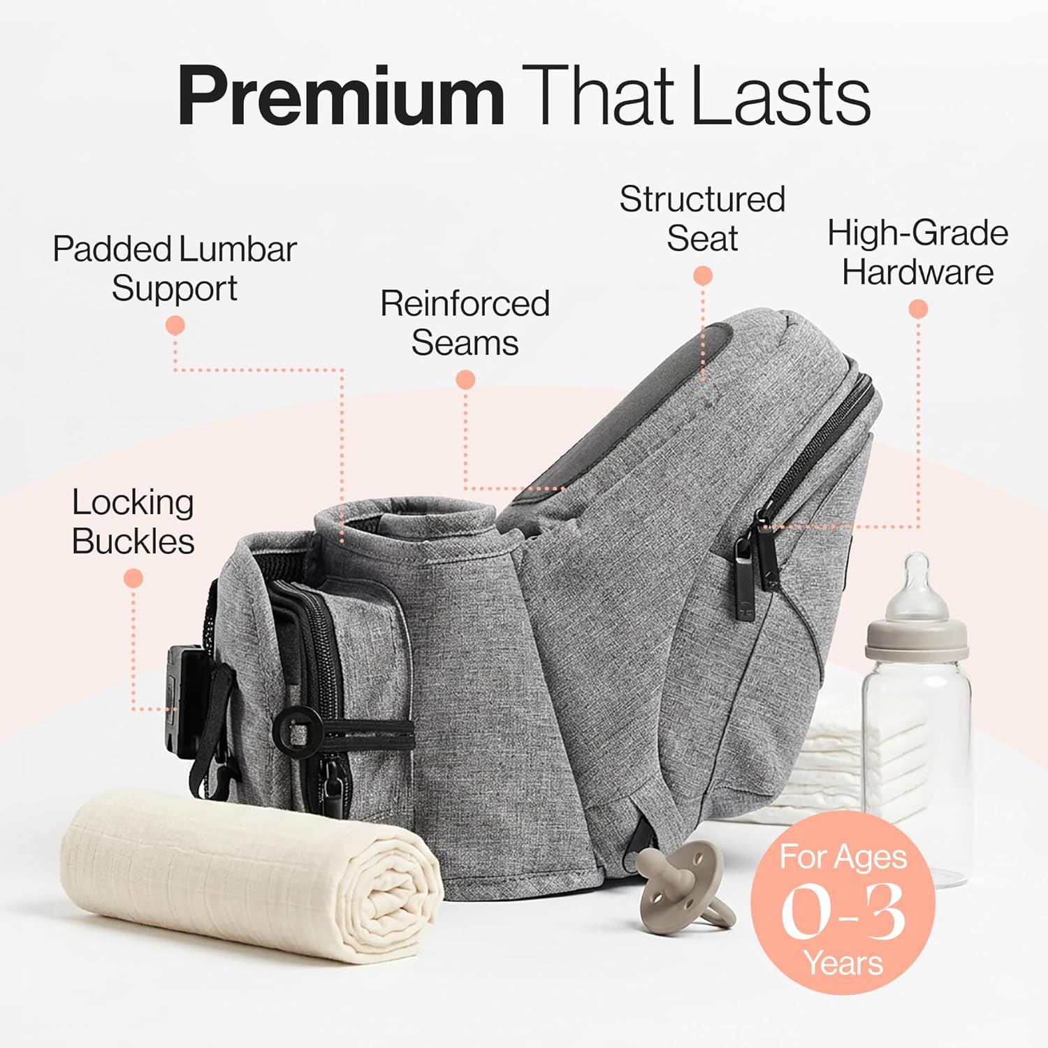 Tushbaby Original Hip Seat Baby Carrier for Babies & Toddlers up to 45 lbs, Safety Certified, Lightweight No-Foam Design with Storage, Grey - Image 5