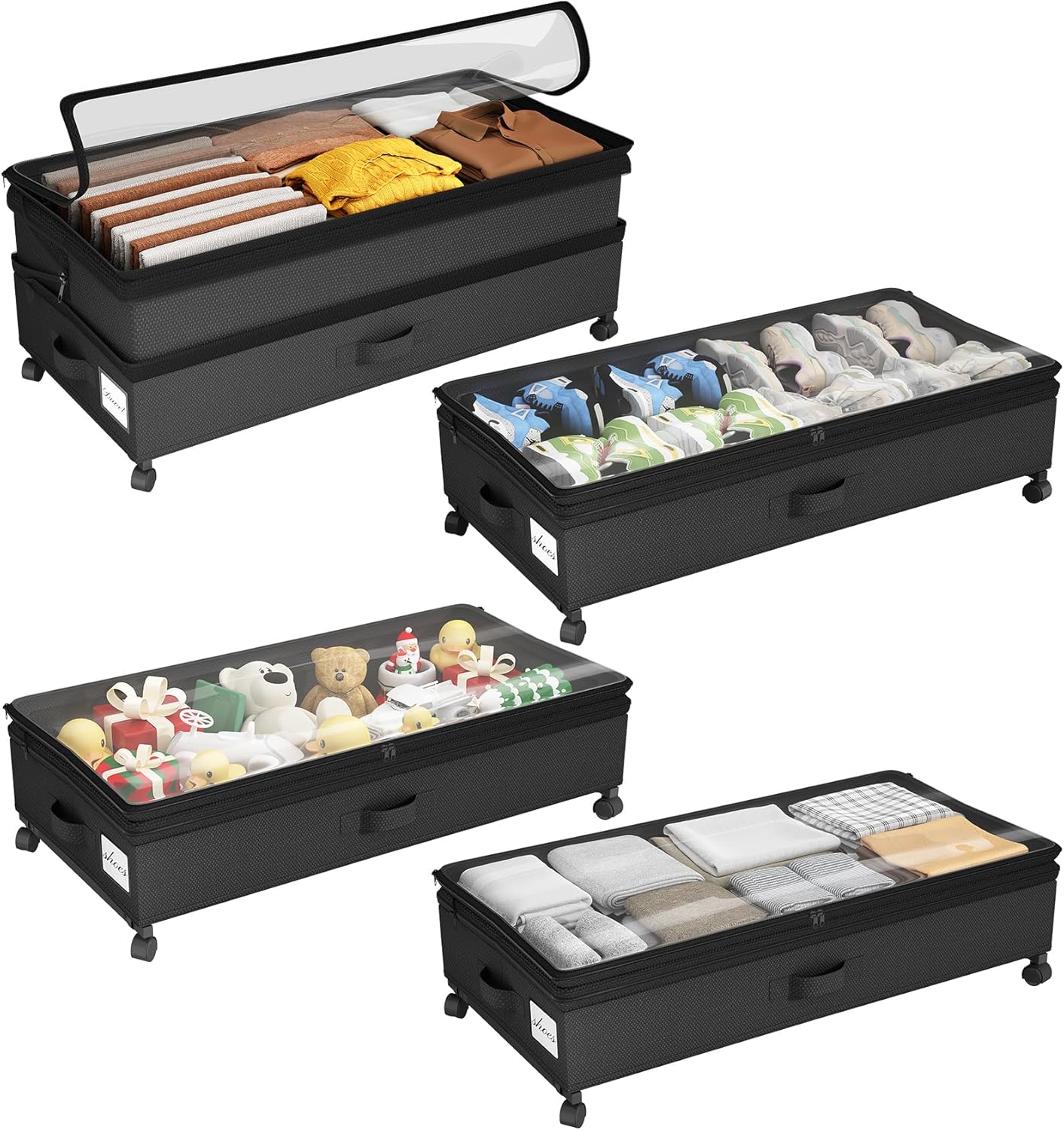 Kitstorack 4 Pack Height-adjustable Under Bed Storage with Wheels, Under Bed Storage Containers,Under Bed Shoe Storage Organizer with Clear Window&Label, Suitable for Clothes Storage, Black Kitstorack 4 Pack Height-adjustable Under Bed Storage with Wheels, Under Bed Storage Containers,Under Bed Shoe Storage Organizer with Clear Window&Label, Suitable for Clothes Storage, Black