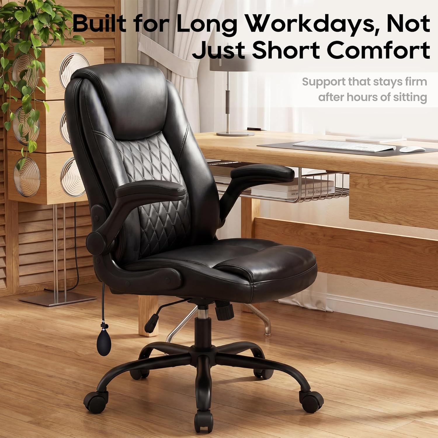 MALOL Leather Office Chair, Computer Desk Chair with Adjustable Lumbar Support, Thick Cushion, Flip-Up Arms and Ergonomic Back, Comfy Executive Office Chair for Home Office Gaming,Black - Image 10