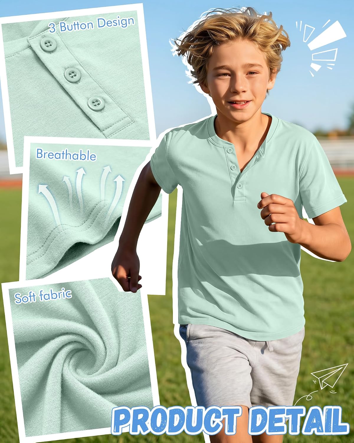 Ficerd 3 Pack Boys T-Shirts Kids Short Sleeve Henley Crew Neck Tops Teen Casual Loose Tees with 3 Buttons 5-16 Years - Image 6