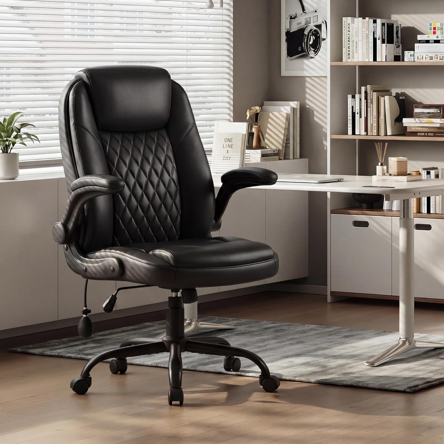 MALOL Leather Office Chair, Computer Desk Chair with Adjustable Lumbar Support, Thick Cushion, Flip-Up Arms and Ergonomic Back, Comfy Executive Office Chair for Home Office Gaming,Black MALOL Leather Office Chair, Computer Desk Chair with Adjustable Lumbar Support, Thick Cushion, Flip-Up Arms and Ergonomic Back, Comfy Executive Office Chair for Home Office Gaming,Black