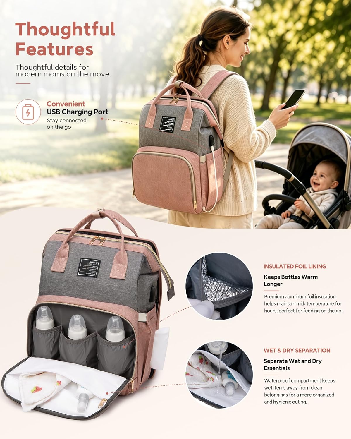 houscly Diaper Bags Backpack for Baby Boy : Large Baby Bag for Boys Girls Mom Toddler Women Men Dad Big Travel Newborn Essential Baby Registry Search Must Haves Grey - Image 4