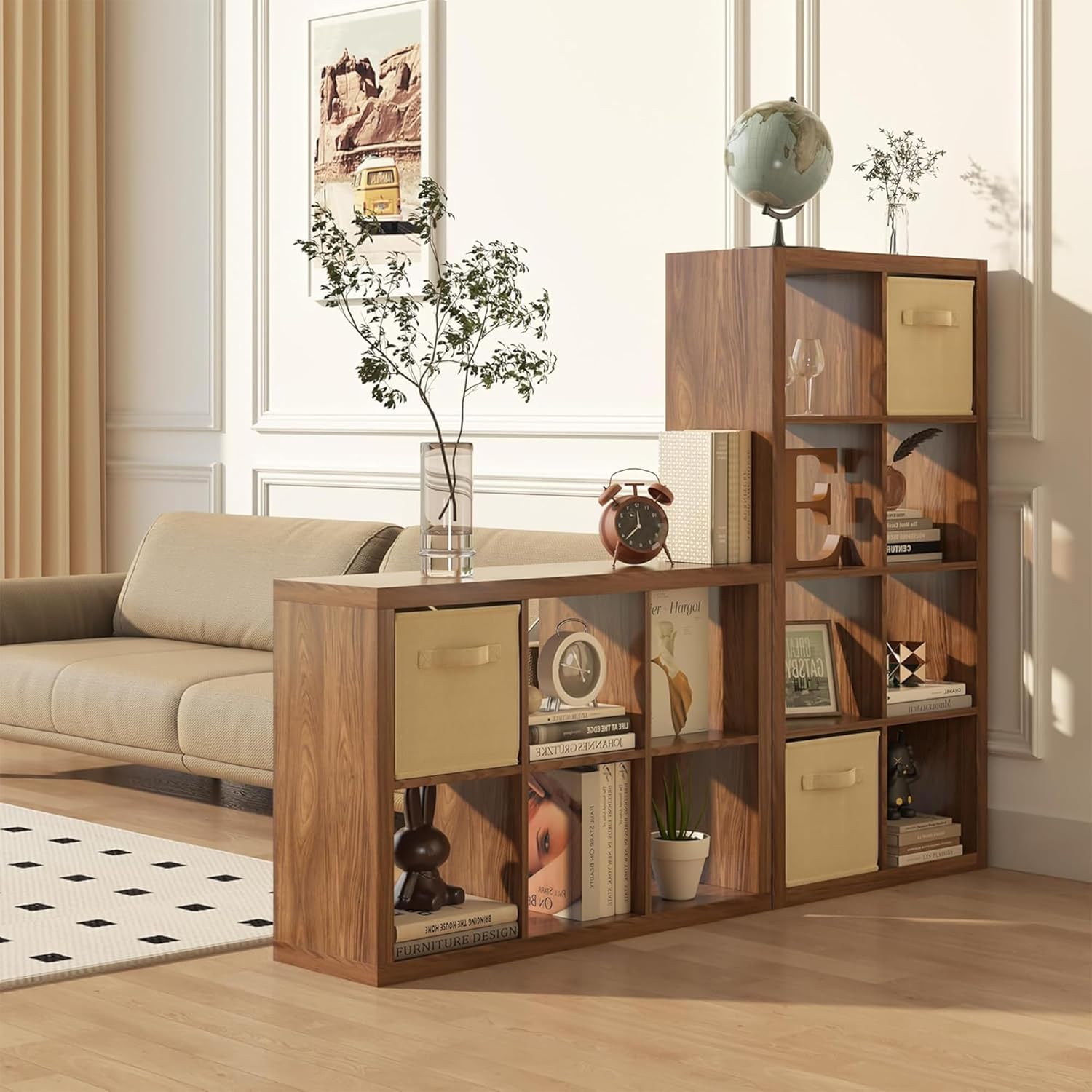 Bookshelf with Storage Bins, 16-Cube Storage Organizer Sturdy Wooden Cube Bookcase Horizontal Bookshelf with Storage, Furniture for Living Room Bedroom Office, Classic Oak - Image 4