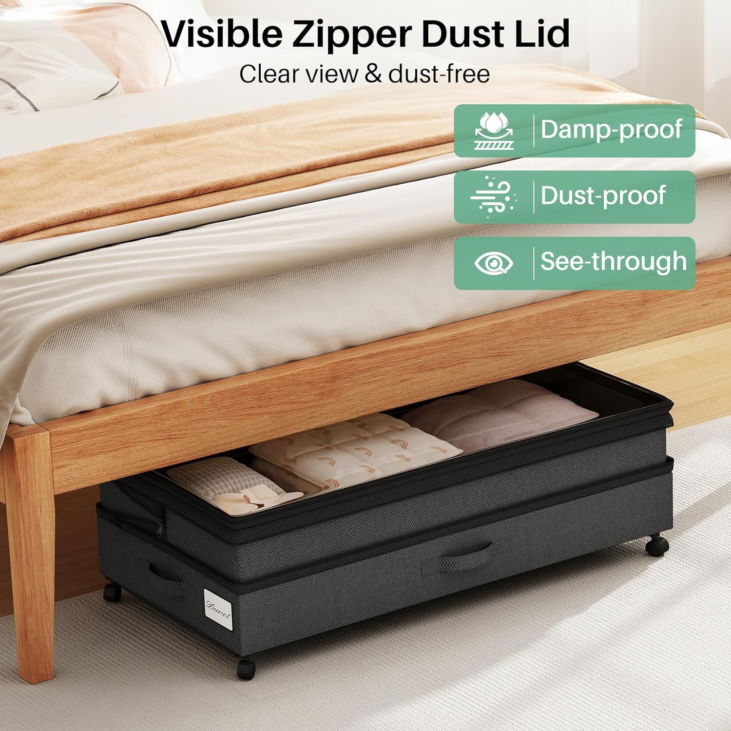 Kitstorack 4 Pack Height-adjustable Under Bed Storage with Wheels, Under Bed Storage Containers,Under Bed Shoe Storage Organizer with Clear Window&Label, Suitable for Clothes Storage, Black - Image 4
