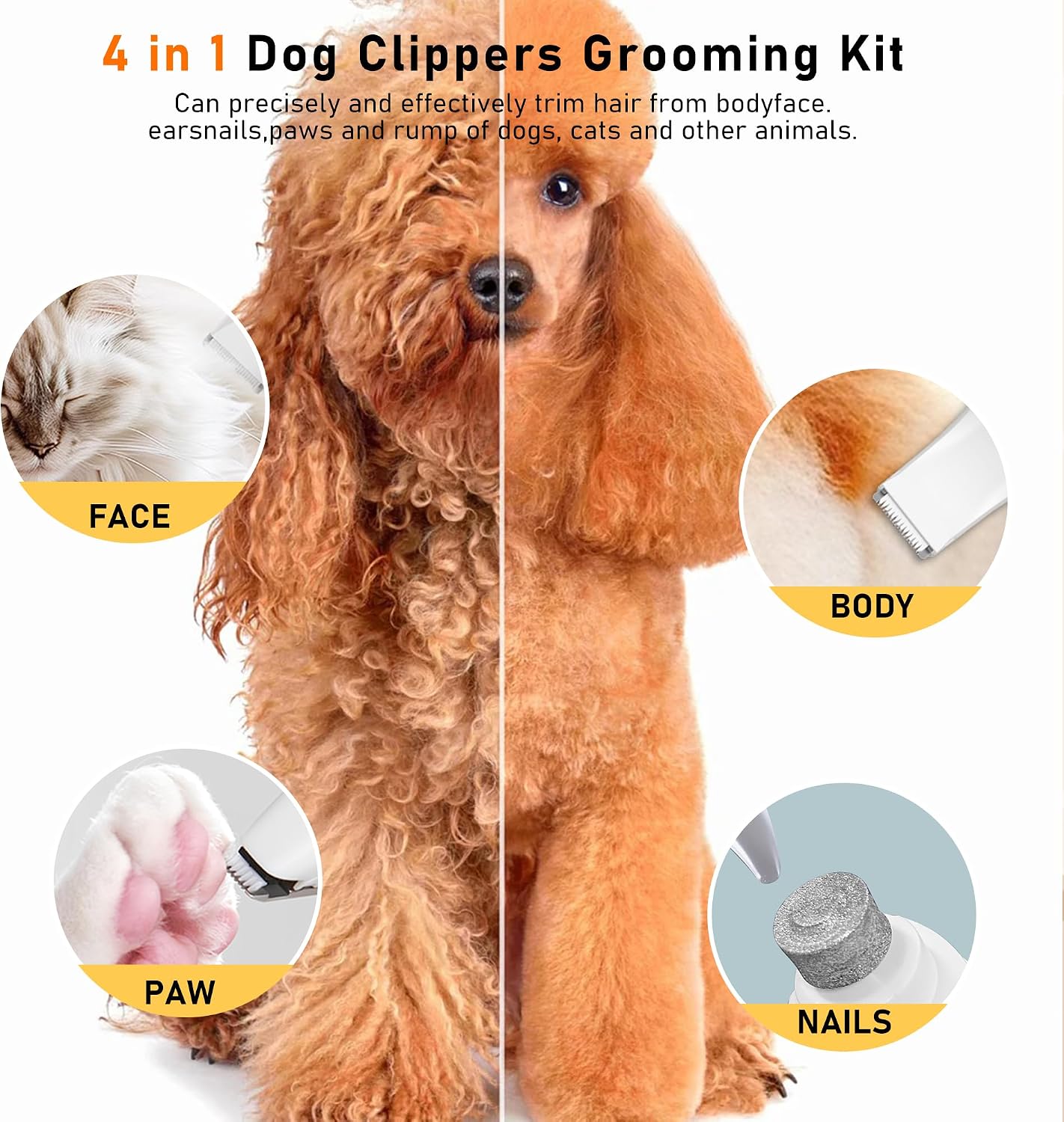 Dog Clippers for Grooming, 4 in 1 Dog Grooming Kit Hair Clipper with LCD Display, Dog Trimmer for Grooming, Dog Hair Trimmer for Paw Nail Grinder,Shaver Grooming Supplies for Pet Cats Dogs - Image 7