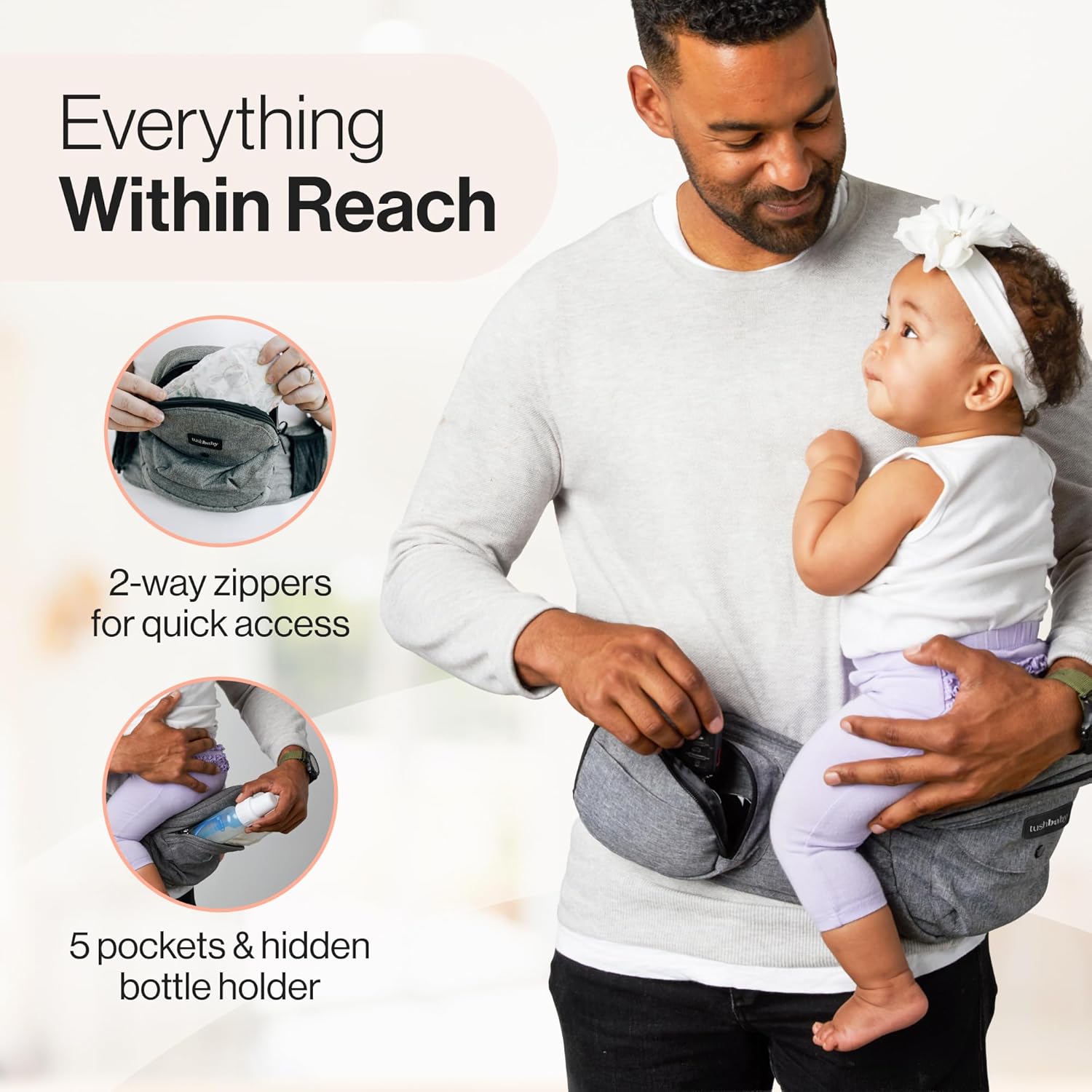 Tushbaby Original Hip Seat Baby Carrier for Babies & Toddlers up to 45 lbs, Safety Certified, Lightweight No-Foam Design with Storage, Grey - Image 6