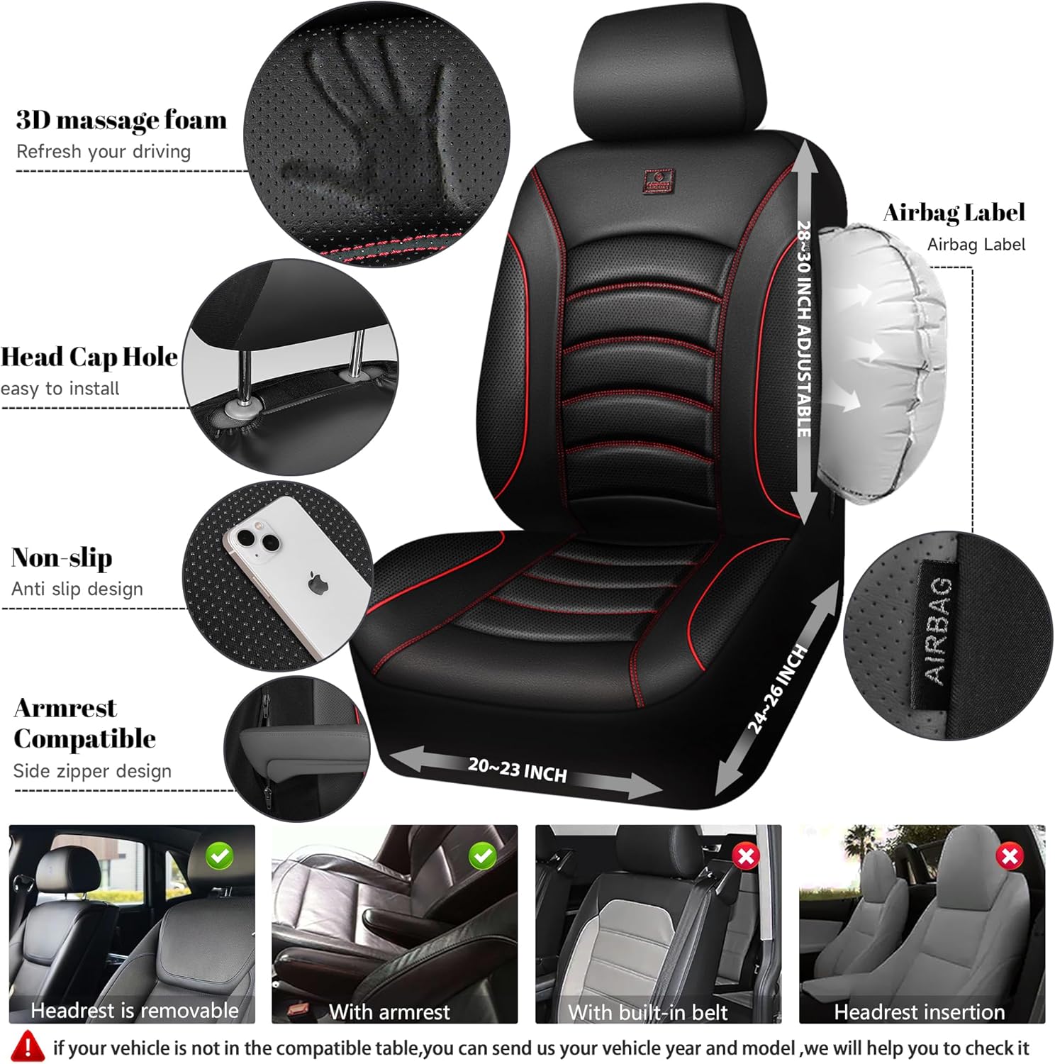 CAR PASS 3D Foam PU Leather Car Seat Covers, Universal Seat Covers Full Sets for Trucks SUV Sedan Automotive Seat Covers Armrest Airbag Compatible Waterproof Comfortable Faux Nappa Leather Black Red - Image 3