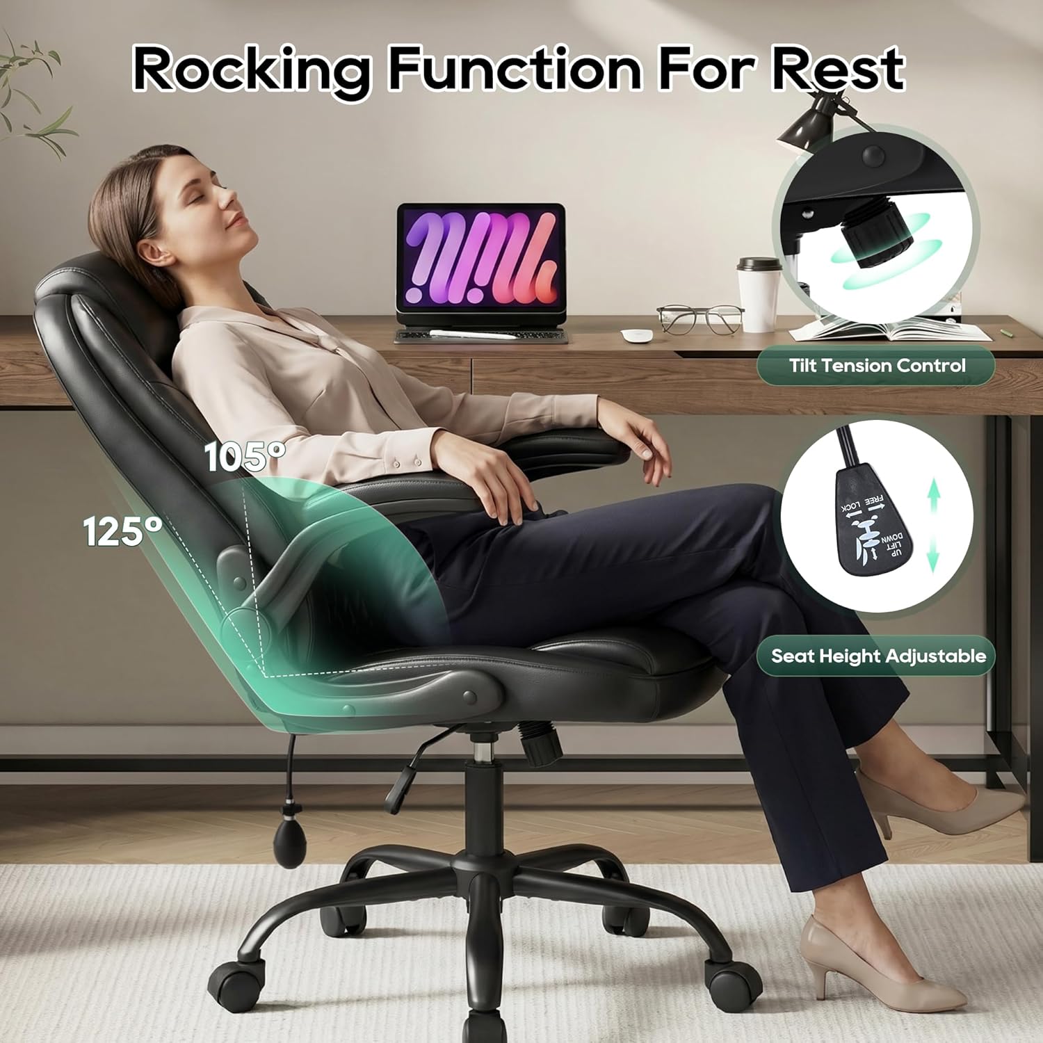 MALOL Leather Office Chair, Computer Desk Chair with Adjustable Lumbar Support, Thick Cushion, Flip-Up Arms and Ergonomic Back, Comfy Executive Office Chair for Home Office Gaming,Black - Image 8