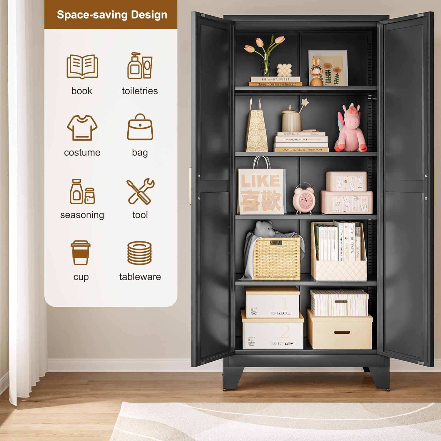 QINPTWUT 71" Storage Cabinet with Doors and Shelves, Tall Pantry Cabinet in Black with 2 Doors & 4 Adjustable Shelves, All-Steel Farmhouse Cupboard for Kitchen, Living Room,Home Office,Garage - Image 5