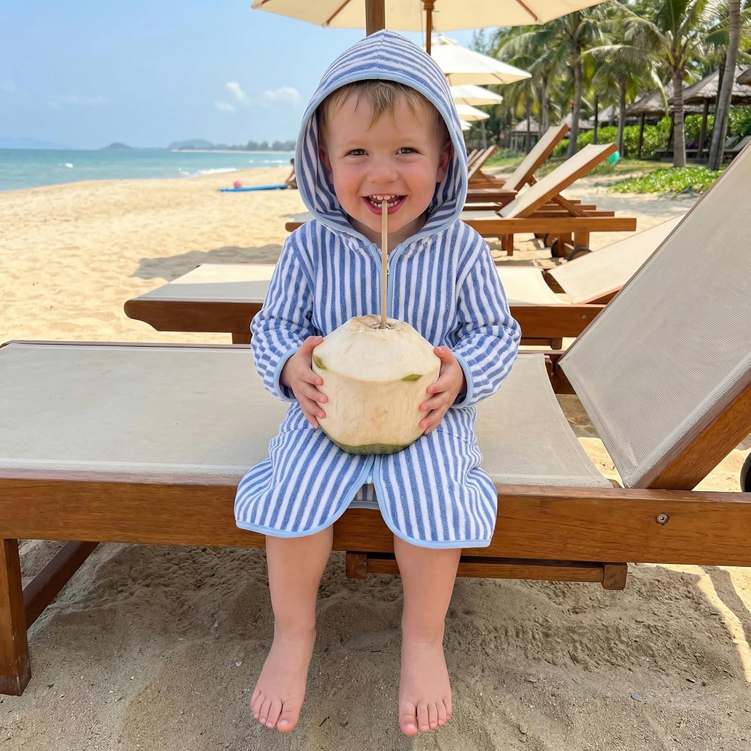 Boys Girls Hooded Terry Coverups One Piece Swimsuits Beach Zip Up Long Sleeve Striped Swim Cover Up Swimwear - Image 2