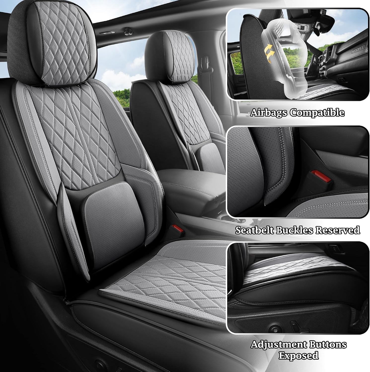 Custom Fit Chevy Silverado GMC Sierra 1500 2007-2026 2500/3500 HD Crew Cab Faux Leather Front Seat Covers - 2 Pack, Waterproof & Breathable Car Seat Protector for Truck,BlackGrey - Image 2