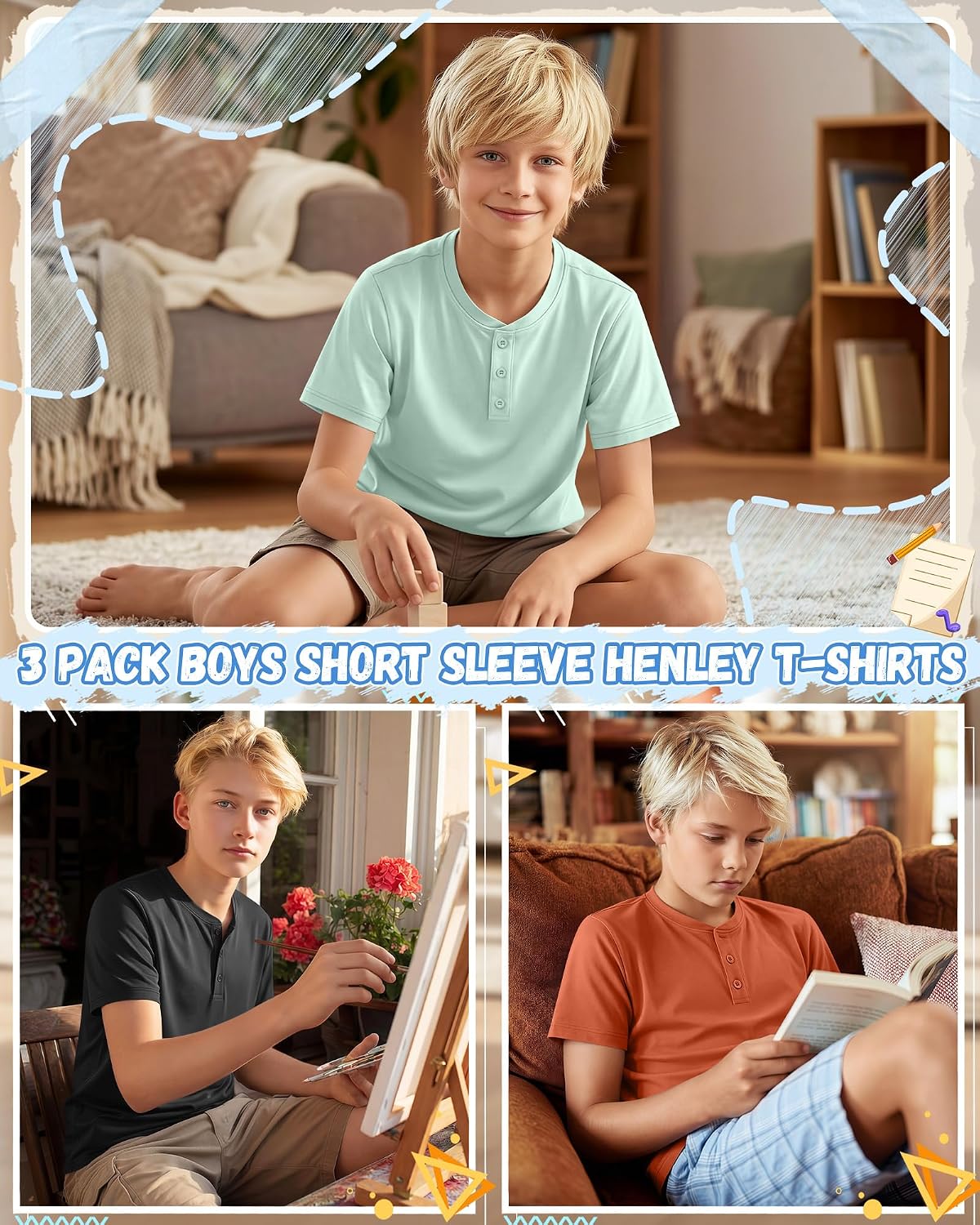 Ficerd 3 Pack Boys T-Shirts Kids Short Sleeve Henley Crew Neck Tops Teen Casual Loose Tees with 3 Buttons 5-16 Years - Image 4
