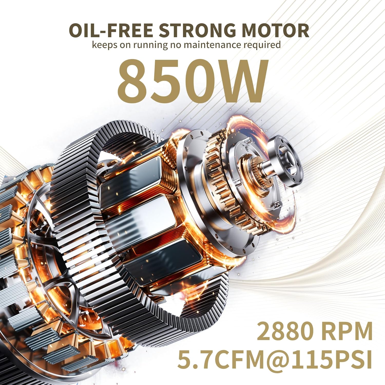 MZB 2.4 Gallon Ultra Quiet Air Compressor 110V/60Hz 1.2HP 5.65CFM, MAX 115PSI Steel Tanks Oil-Free 70dB Noise Level Air Compressor with Wheels for Spray Painting, Auto Repair, Carpentry Decoration - Image 2