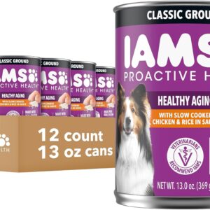 IAMS Proactive Health Senior Wet Dog Food, Classic Ground Dog Wet Food, Slow Cooked Chicken and Rice, 13 oz. Cans (Pack of 12)