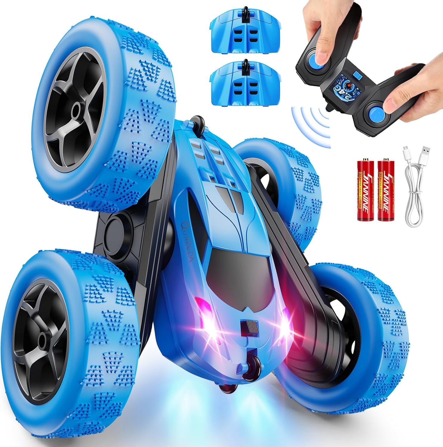 QUNREDA Remote Control Car, RC Cars Toys for Kids Ages 6-12, 4WD Stunt Car with LED Lights & 360° Flips, 2.4GHz, Upgraded USB-C Modular Batteries, 8-10 Year Old Boys Birthday Gift 1-Blue QUNREDA Remote Control Car, RC Cars Toys for Kids Ages 6-12, 4WD Stunt Car with LED Lights & 360° Flips, 2.4GHz, Upgraded USB-C Modular Batteries, 8-10 Year Old Boys Birthday Gift 1-Blue