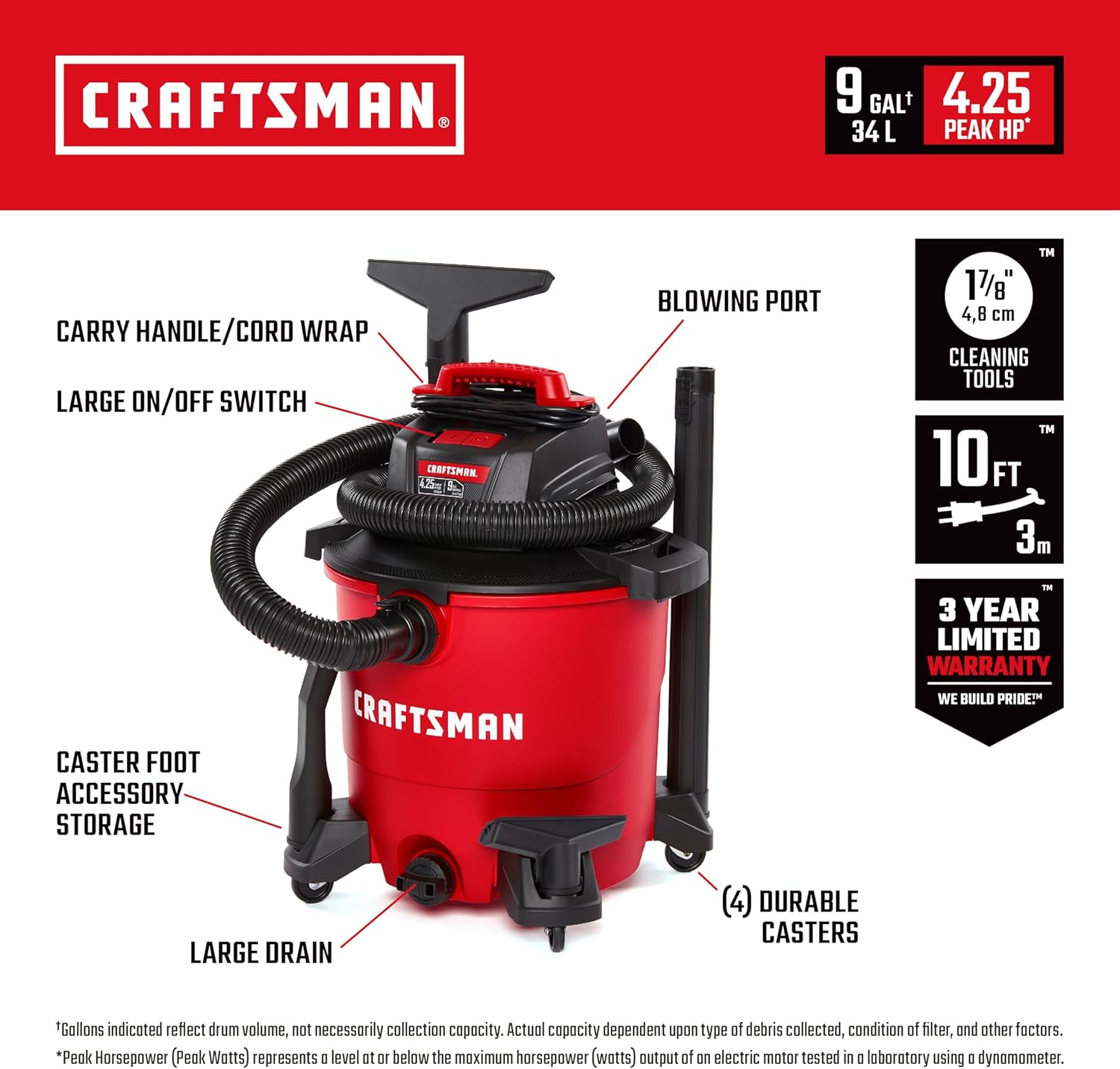 CRAFTSMAN CMXEVBE17590 9 Gallon 4.25 Peak HP Wet Dry Vac, Portable Shop Vacuum Wet and Dry with Filter, Dust Bag, Hose and Attachments for Home, Garage and Automotive Cleaning - Image 2