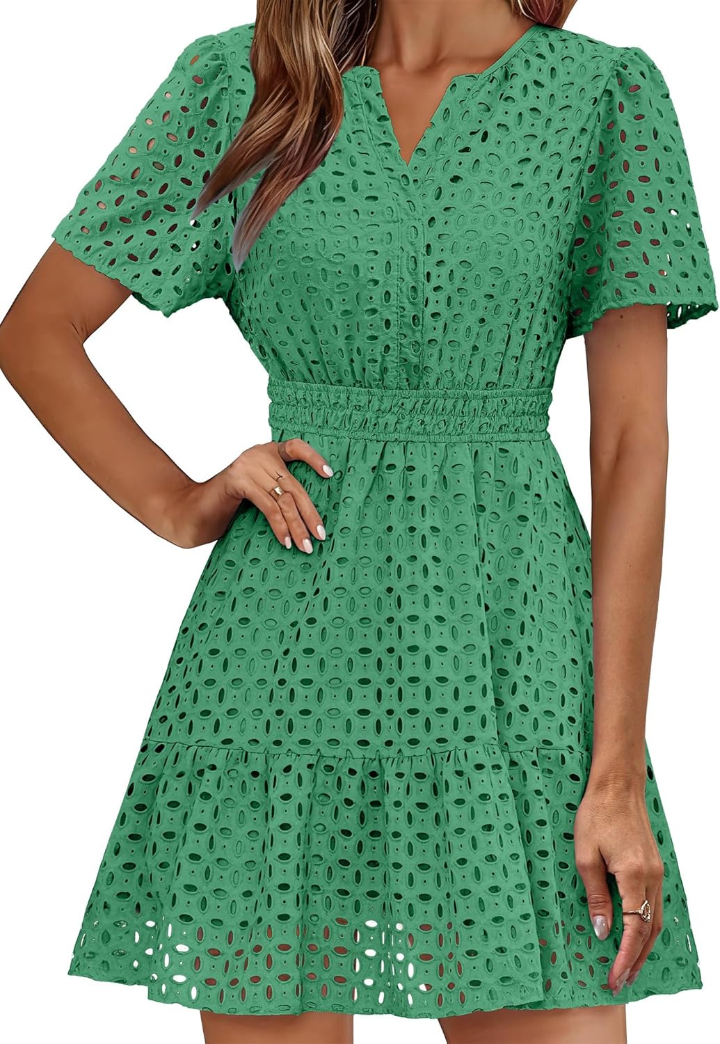 RUMIA Womens Dresses 2026 Summer V Neck Eyelet Lace A Line Short Dress - Image 2