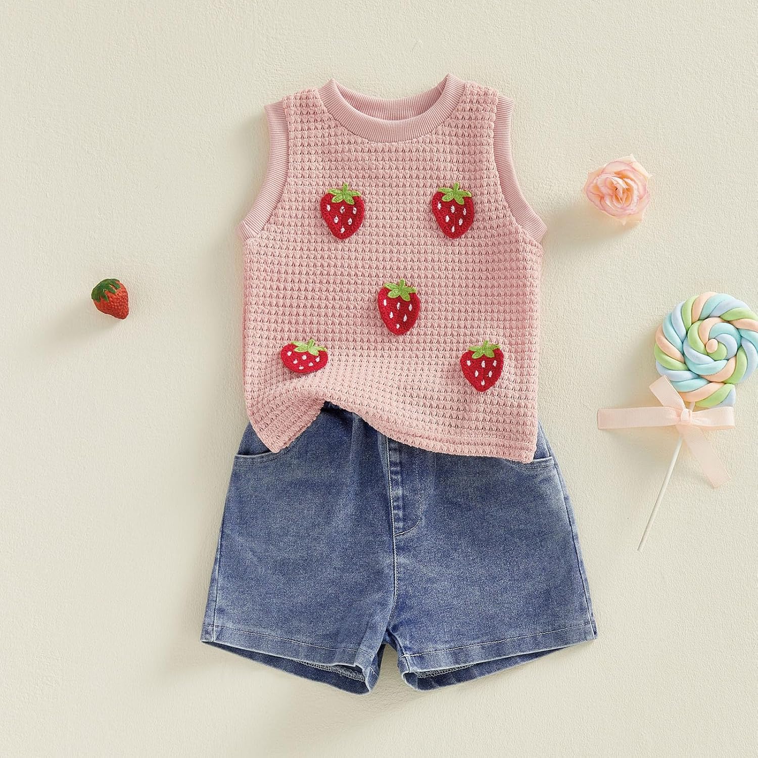 YINGISFITM Toddler Girl Clothes Baby Summer Waffle Knit Tank Top Sleeveless Shirt Jeans Shorts Floral Outfit Girls Clothing - Image 2