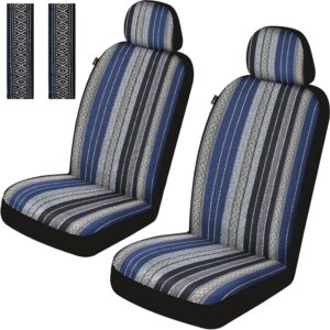 Baja Saddle Blanket Car Seat Covers Front Set with Seat Belt Pads, Washable Breathable Striped Woven Cloth Seat Covers for Cars, SUV, Truck, Airbag Compatible(Blue)