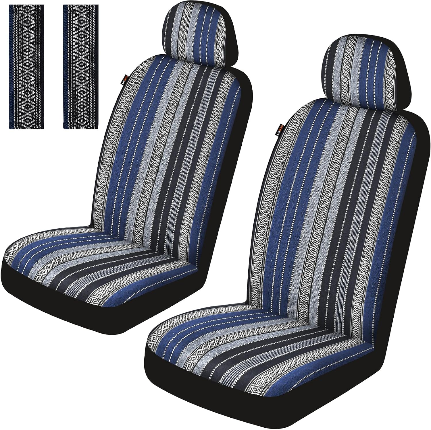 Baja Saddle Blanket Car Seat Covers Front Set with Seat Belt Pads, Washable Breathable Striped Woven Cloth Seat Covers for Cars, SUV, Truck, Airbag Compatible(Blue)