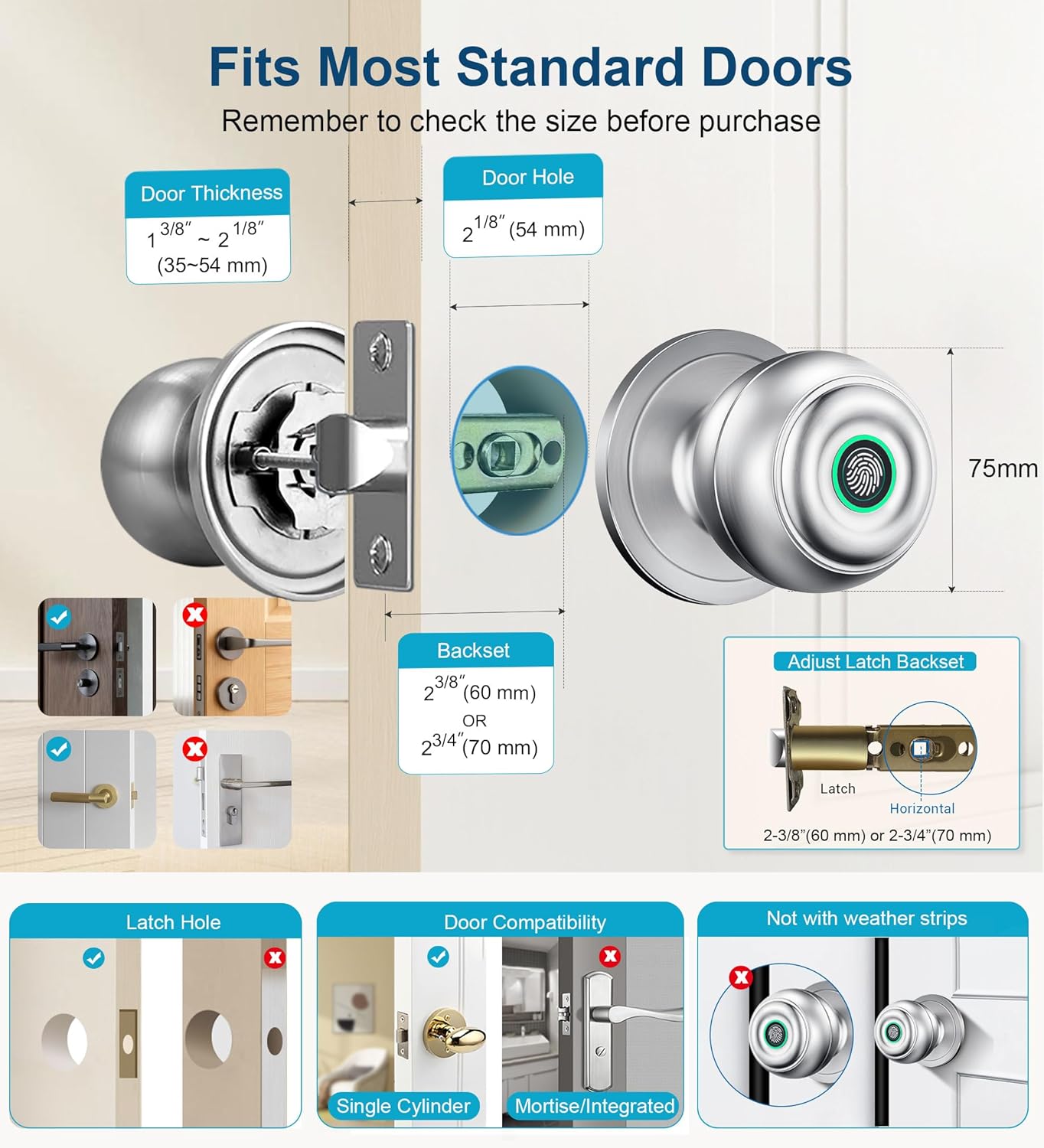 KLLOQUE Fingerprint Door Lock, Smart Fingerprint Door Knob with Lock, Biometric Door Locks with App Control & Key, Keyless Thumbprint Entry Door Locks for Bedroom, Front Door, Home, Apartment-Silver - Image 5
