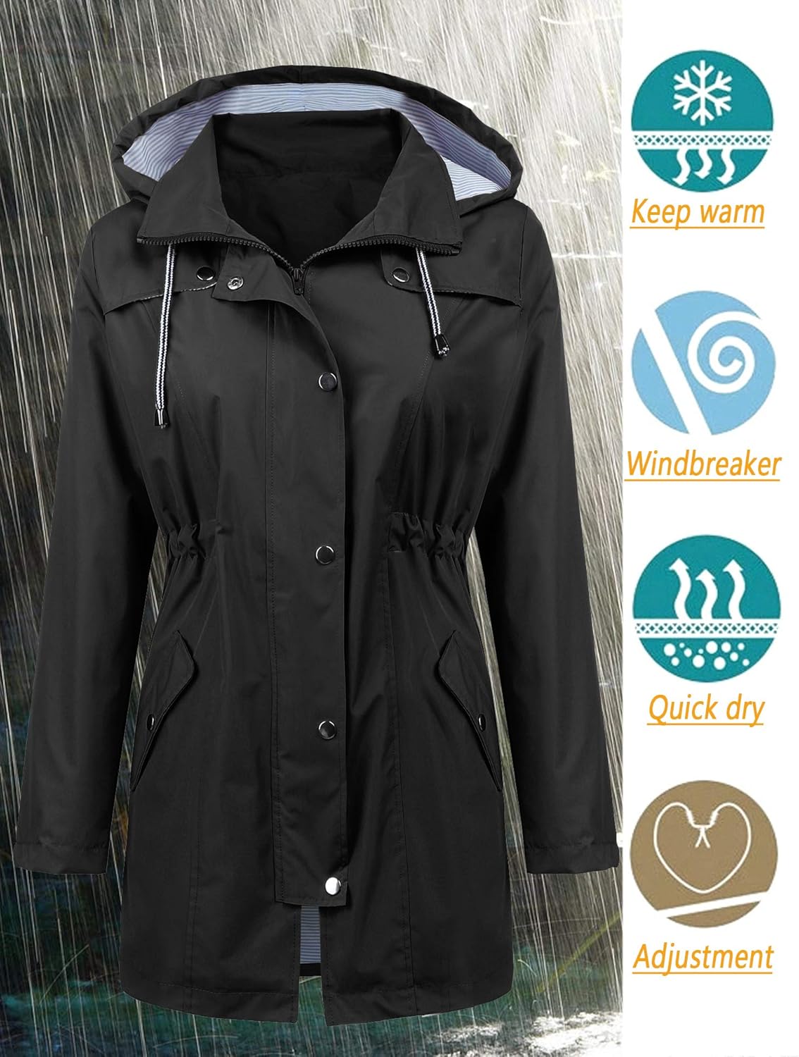 LOMON Raincoat Women Waterproof Long Hooded Trench Coats Lined Windbreaker Travel Jacket S-XXL - Image 2