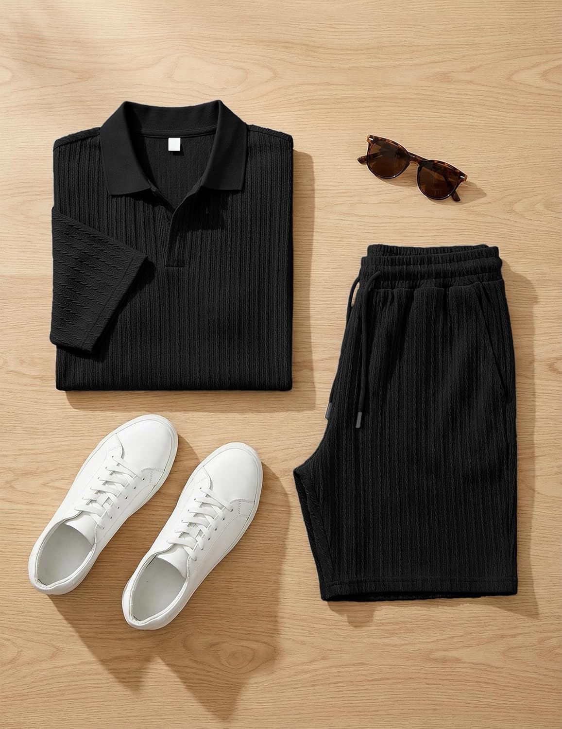 JMIERR Men's Summer Beach Outfits 2 Piece Jacquard Knit Lounge Short Sleeve Shirts & Shorts Vacation Texture Sets - Image 5