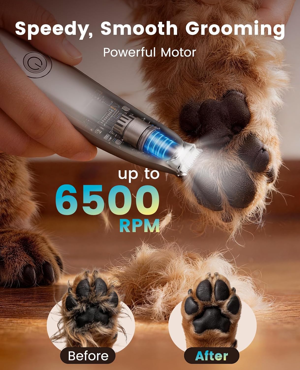 oneisall Dog Paw Trimmer, 2-Speed Up to 6500 RPM, 35dB Low-Noise Safe Pet Paw Trimmers with Curved Blade and LED Light, Cordless Pet Grooming Paw Clipper for Dogs, Cats, Paws, Ears, Face, Rump - Image 8