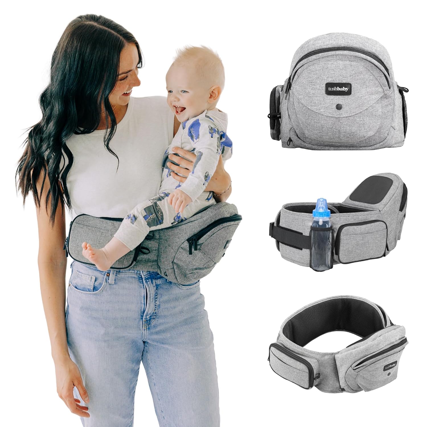 Tushbaby Original Hip Seat Baby Carrier for Babies & Toddlers up to 45 lbs, Safety Certified, Lightweight No-Foam Design with Storage, Grey Tushbaby Original Hip Seat Baby Carrier for Babies & Toddlers up to 45 lbs, Safety Certified, Lightweight No-Foam Design with Storage, Grey