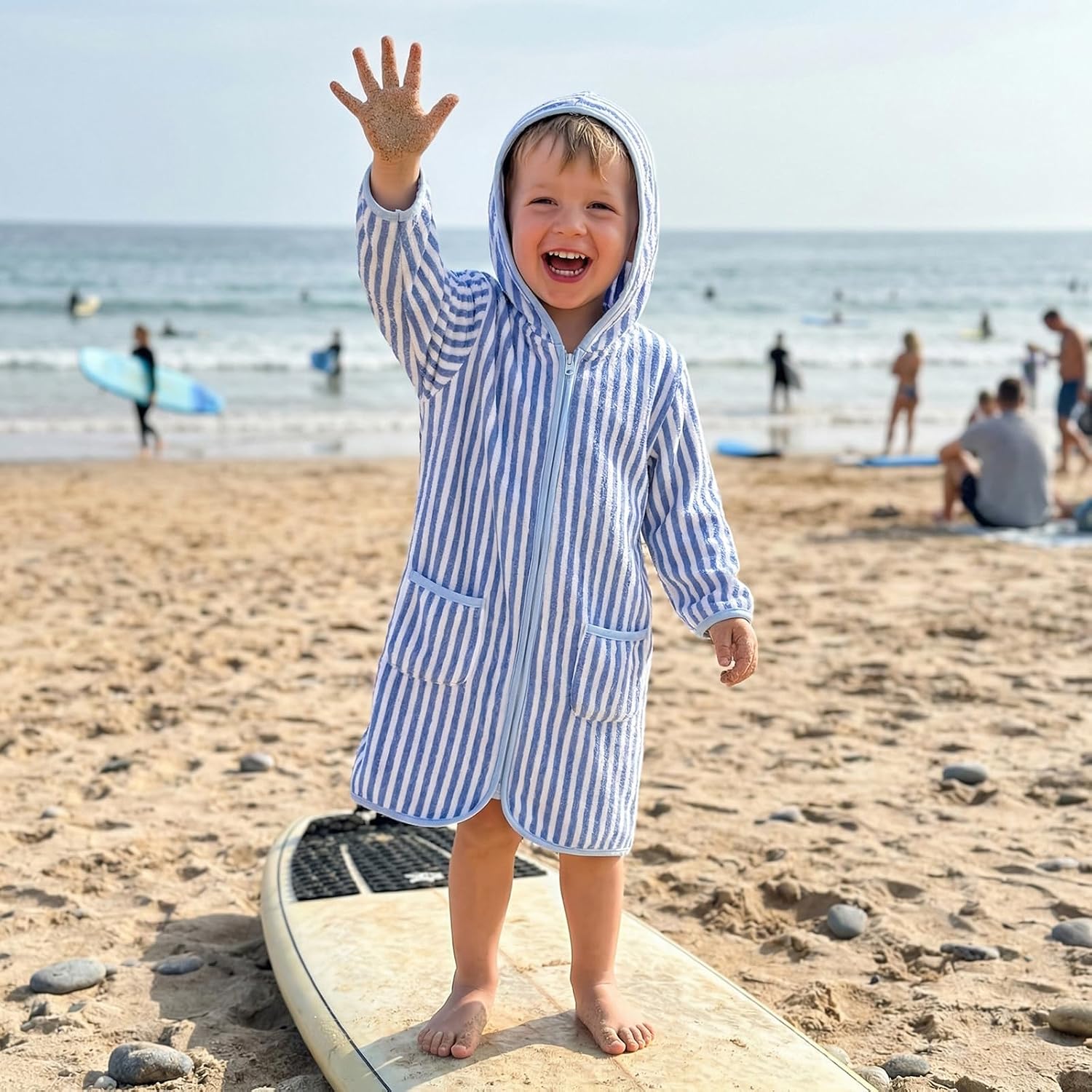 Boys Girls Hooded Terry Coverups One Piece Swimsuits Beach Zip Up Long Sleeve Striped Swim Cover Up Swimwear - Image 3