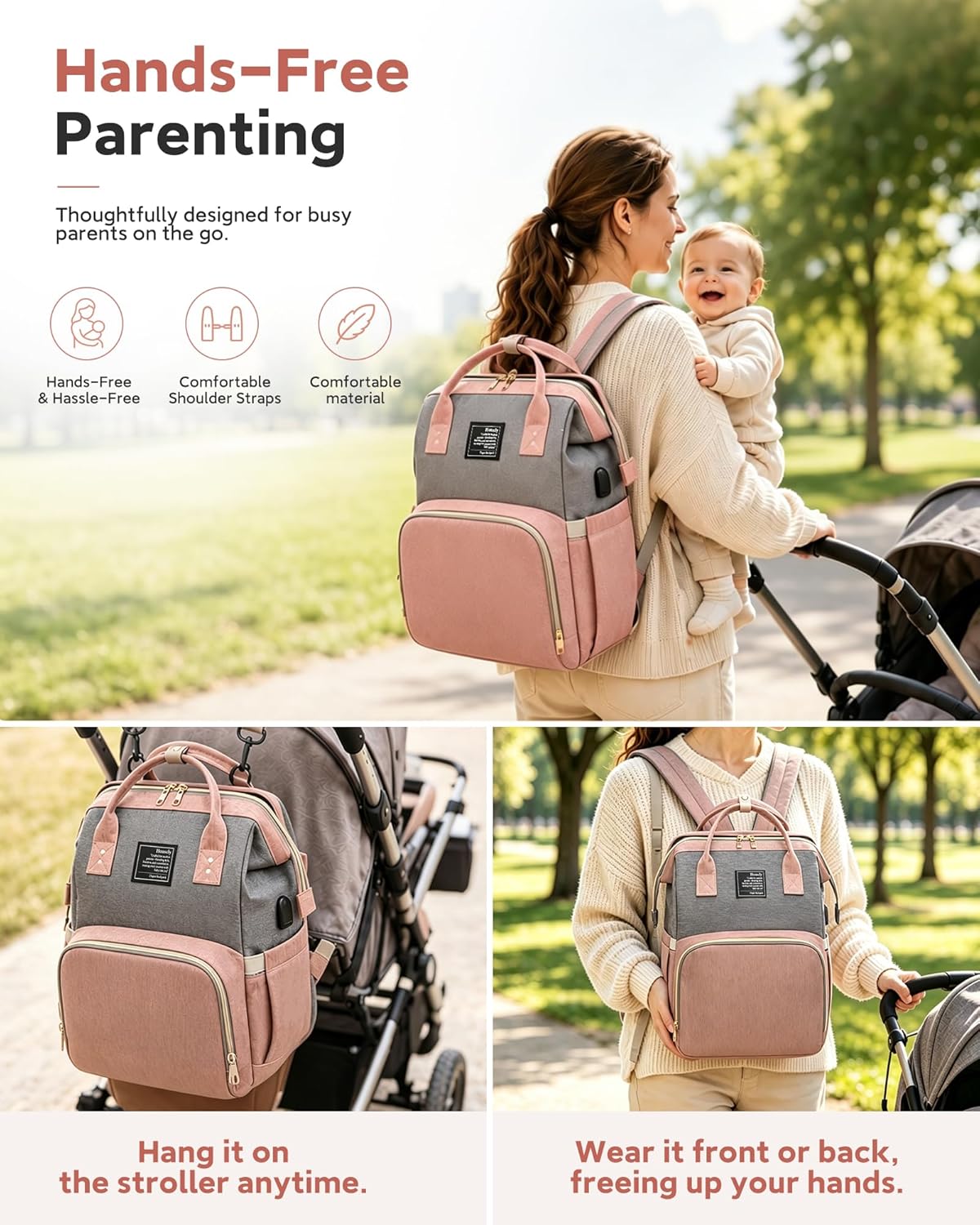 houscly Diaper Bags Backpack for Baby Boy : Large Baby Bag for Boys Girls Mom Toddler Women Men Dad Big Travel Newborn Essential Baby Registry Search Must Haves Grey - Image 6