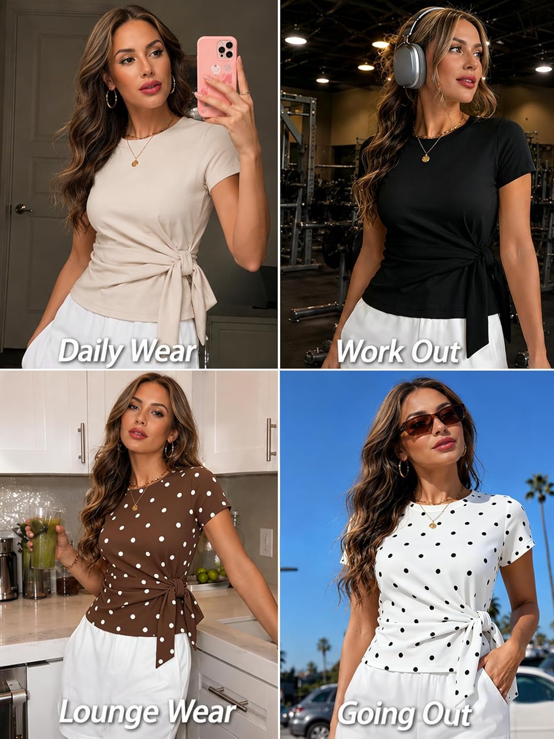 HOTIAN Womens Cap Sleeve T Shirts Tie Waist Tops Crew Neck Blouses Dressy Casual Loose Work Business Tees - Image 6