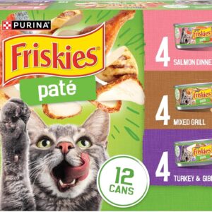 Purina Friskies Wet Cat Food Pate Variety Pack Salmon Dinner, Turkey and Giblets Dinner and Mixed Grill – (2 Packs of 12) 5.5 oz. Cans