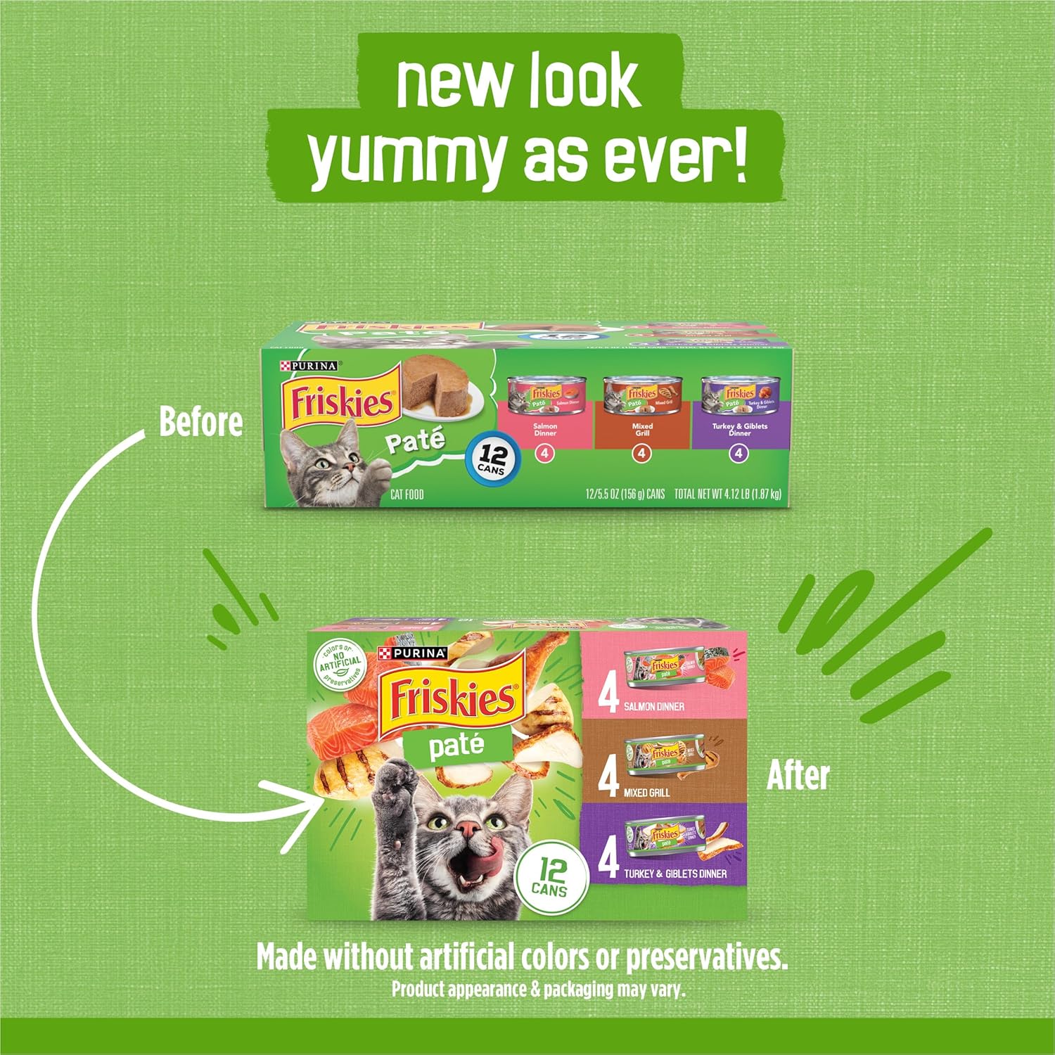 Purina Friskies Wet Cat Food Pate Variety Pack Salmon Dinner, Turkey and Giblets Dinner and Mixed Grill - (2 Packs of 12) 5.5 oz. Cans - Image 2