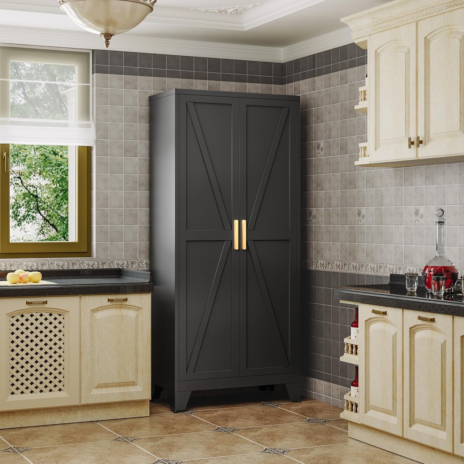QINPTWUT 71" Storage Cabinet with Doors and Shelves, Tall Pantry Cabinet in Black with 2 Doors & 4 Adjustable Shelves, All-Steel Farmhouse Cupboard for Kitchen, Living Room,Home Office,Garage - Image 3