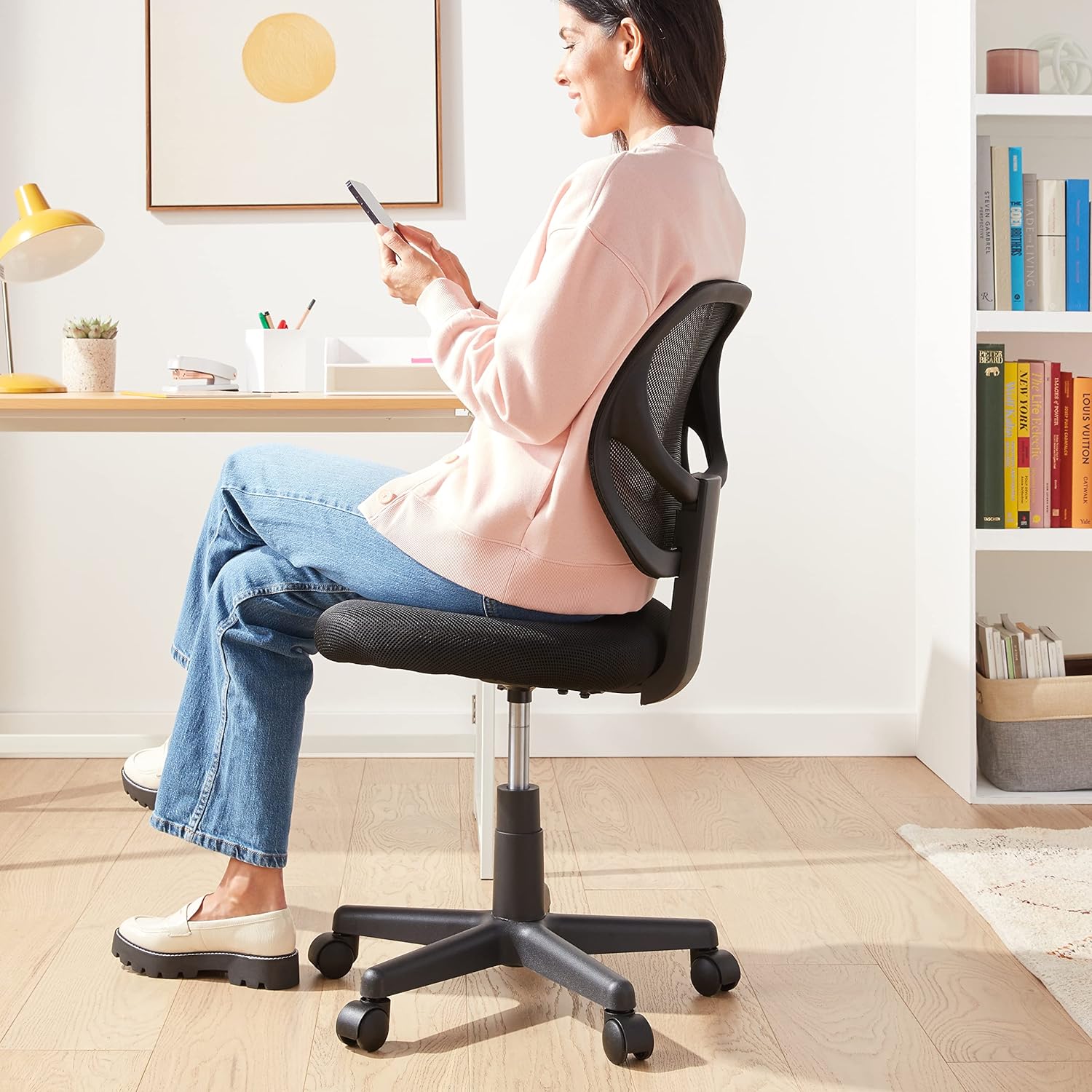 Amazon Basics Low Back Office Chair, Breathable Mesh, Height Adjustable, Padded Seat, Rolling Wheels, Swivel, Back Support, Sturdy, 21.25" D x 22.5" W x 38" H, Black - Image 2