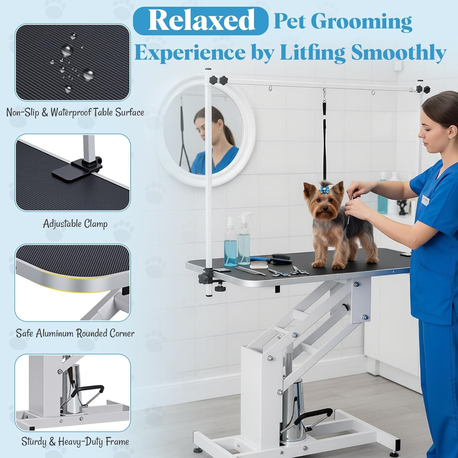 GarveeHome 43.6 in Pet Grooming Table for Large Dogs, Heavy Duty Height Adjustable Dog Grooming Table With Overhead Arm & Noose Height Range 22 in -39 in, Maximum Capacity Up to 350 LBS, White - Image 3