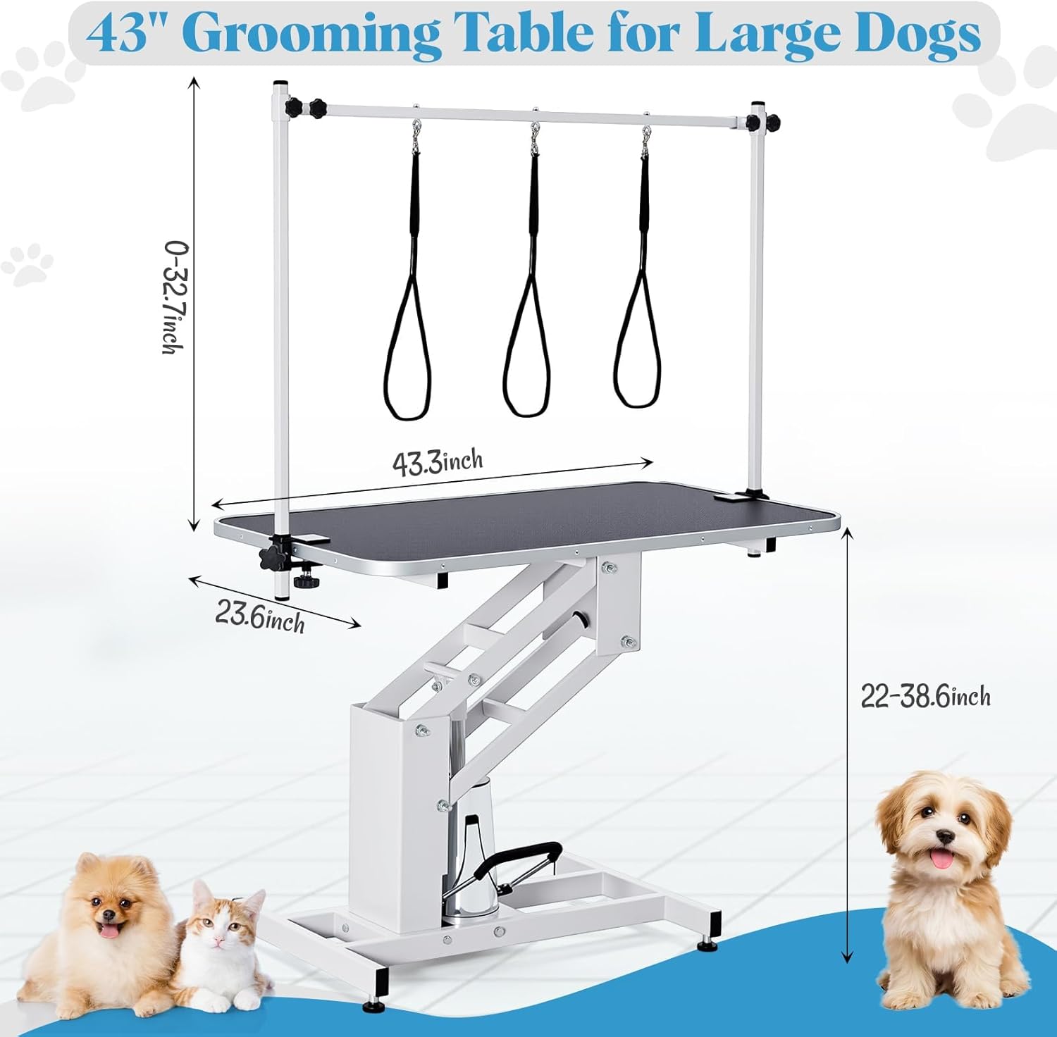 GarveeHome 43.6 in Pet Grooming Table for Large Dogs, Heavy Duty Height Adjustable Dog Grooming Table With Overhead Arm & Noose Height Range 22 in -39 in, Maximum Capacity Up to 350 LBS, White - Image 6