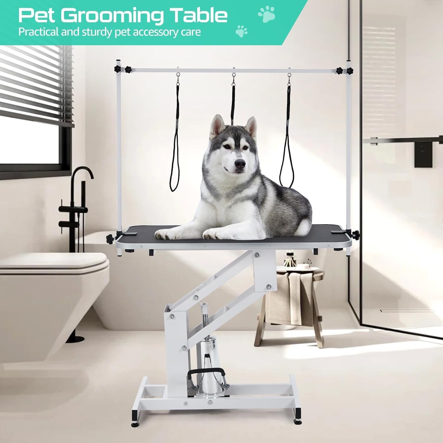 GarveeHome 43.6 in Pet Grooming Table for Large Dogs, Heavy Duty Height Adjustable Dog Grooming Table With Overhead Arm & Noose Height Range 22 in -39 in, Maximum Capacity Up to 350 LBS, White - Image 9