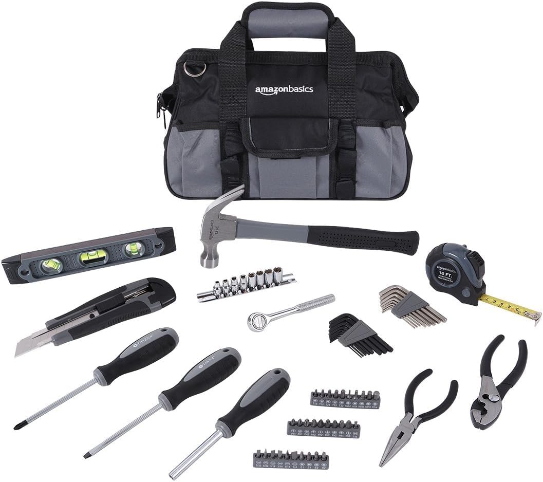 Amazon Basics 65 Piece Home Repair Tool Kit Set With Carrying Bag, Hand Tools, Socket Set, SAE and Metric, Silver, Black - Image 2