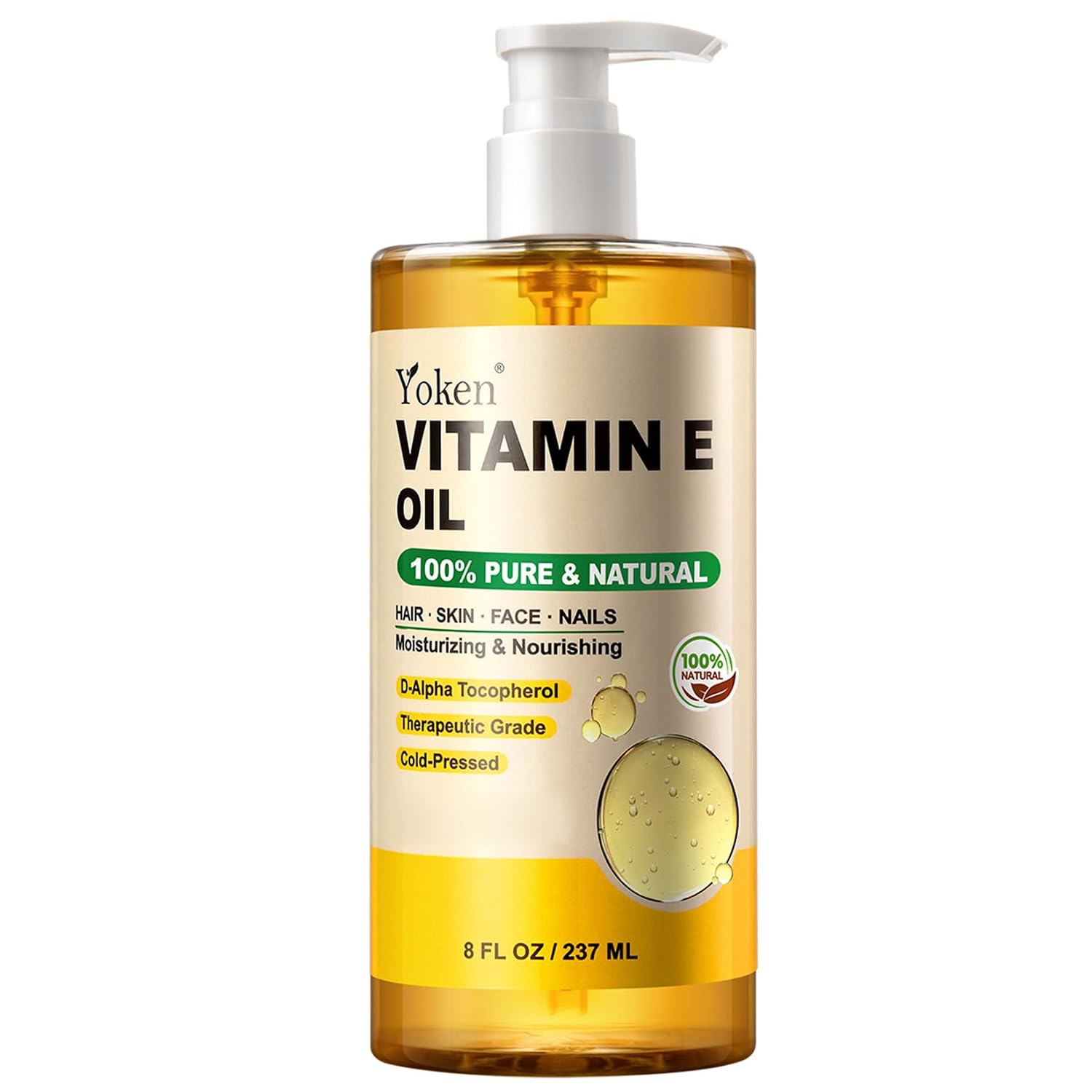Yoken Vitamin E Oil for Skin Face Body 8 Oz Cold Pressed Vitamine Body oils | Pure D-Alpha Tocopherol Liquid Nails Vit e Women Moisturizing Dry Skin Unscented Carrier Oil Hydrate Hexane Free After Shower - Image 2