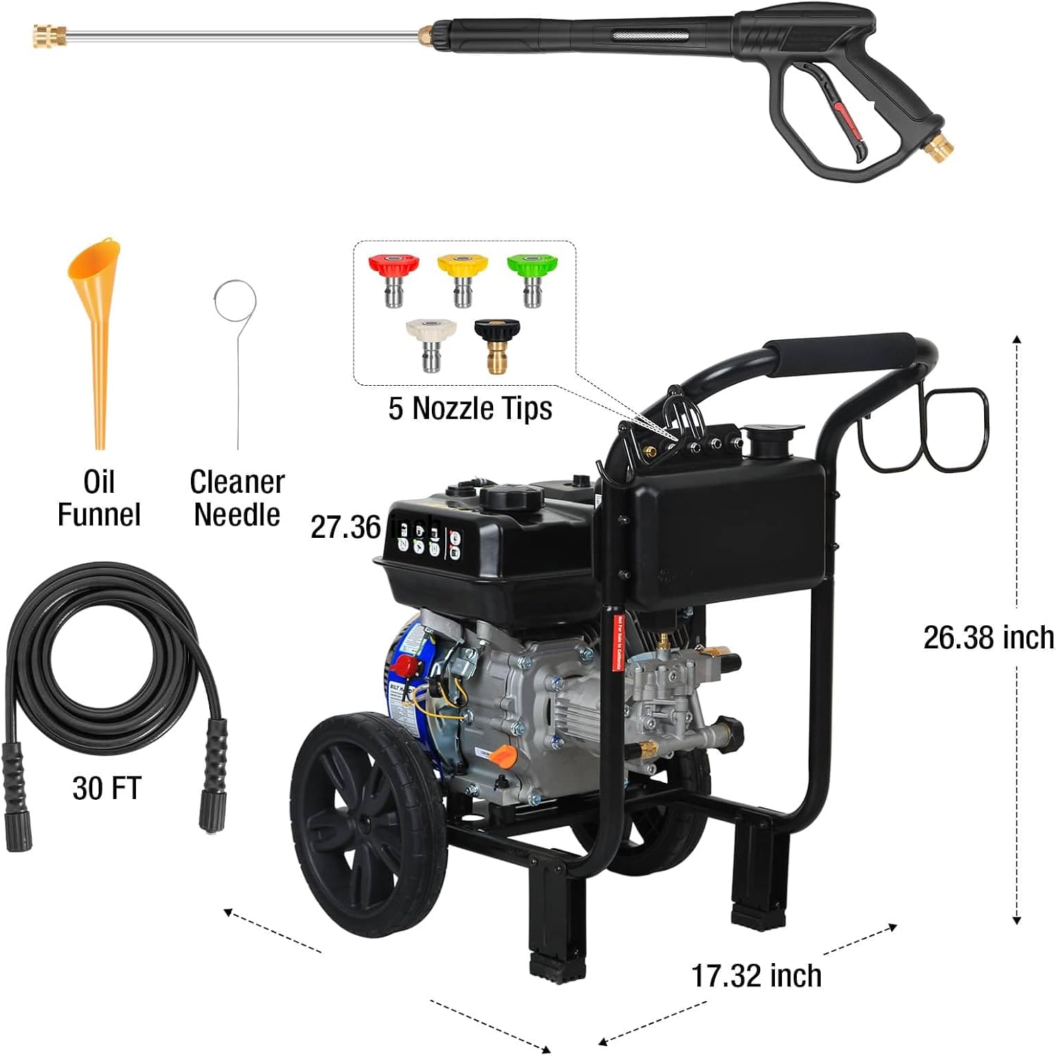 BILTHARD 3500 PSI Gas Pressure Washer, 2.6 GPM Heavy Duty Power Washer with 212cc 4 Cycle Engine, Spray Gun and Wand, 5 Quick Connect Nozzle Tips, 30 Foot Hose - Image 3