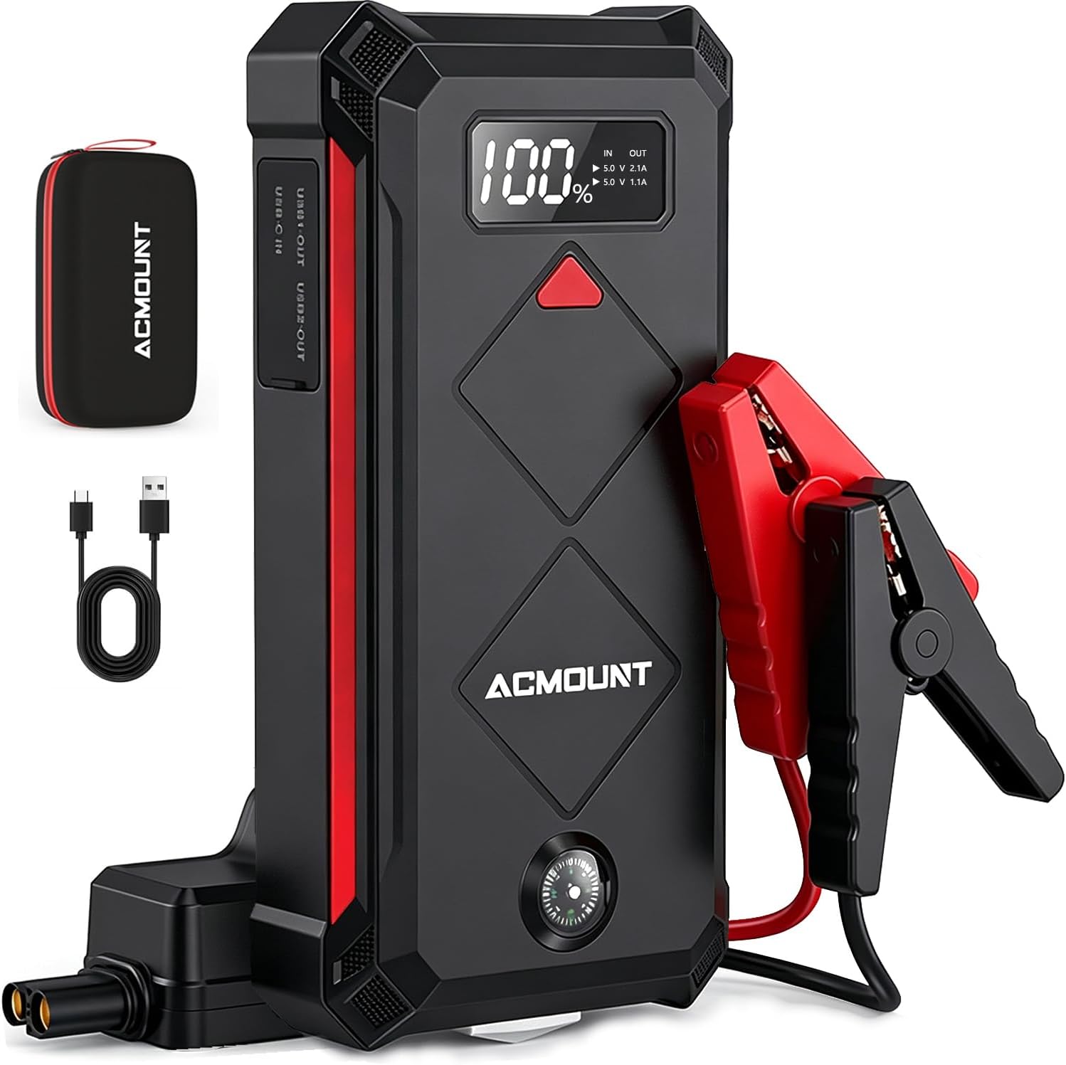 ACMOUNT P100 5000A Car Battery Jump Starter for 10.0L Gas/8.0L Diesel | 12V Portable Jump Box with Jumper Cables, Power Bank, 600LM LED Flashlight, Safety Hammer & Compass - Image 2