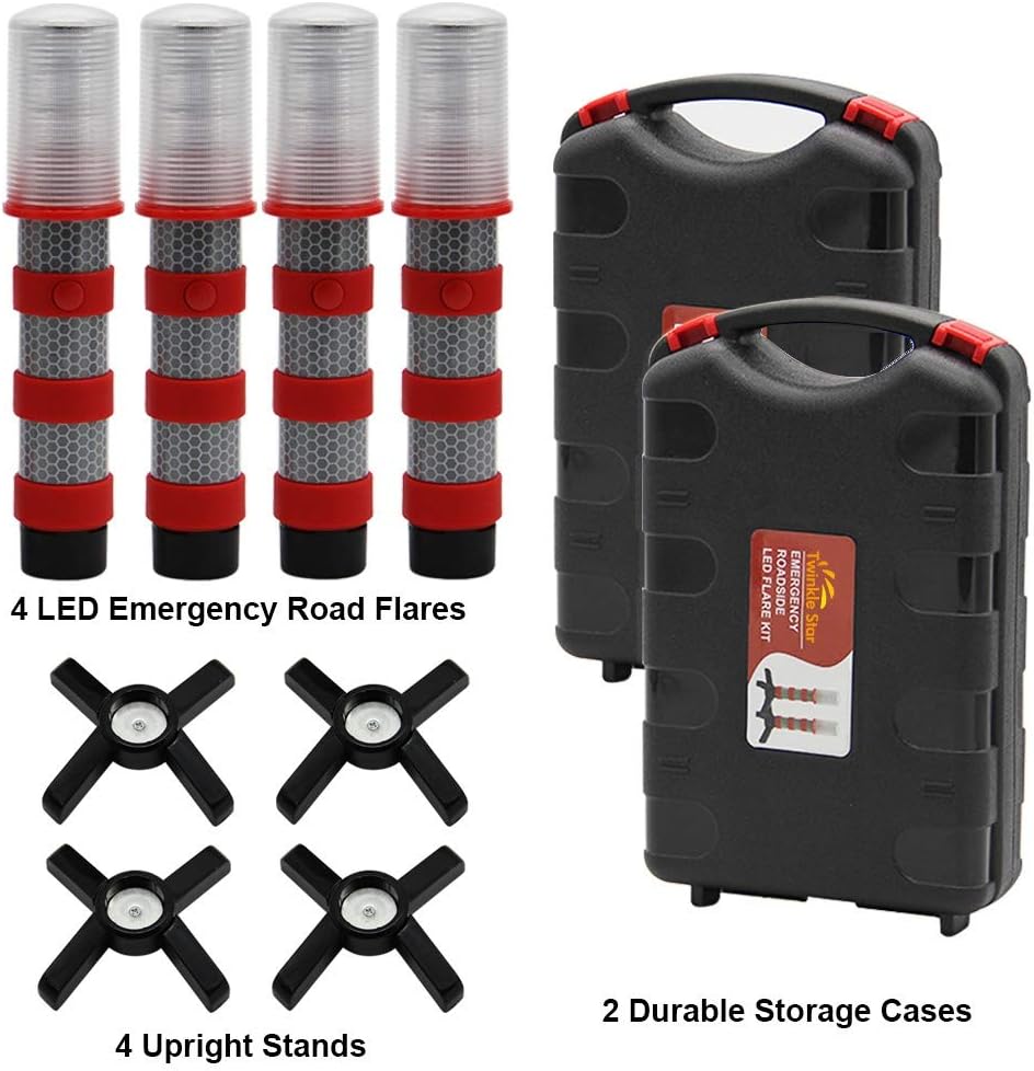 Twinkle Star LED Safety Strobe Road Warning Light, Set of 4 | Emergency Roadside Flares Kit, Highway Beacon Alert Flare, Magnetic Base, Detachable Stand, Solid Storage Case - Image 3