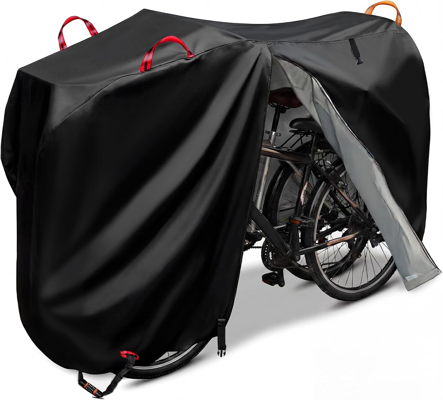 Bike Cover with Side Zipper, 500D Heavy Duty Waterproof Bicycle Cover for Outdoor Storage, Windproof Tie-Down Straps, Reflective Strips, Fits 1–3 Bikes, Mountain, Road & Electric(2bikes) - Image 2