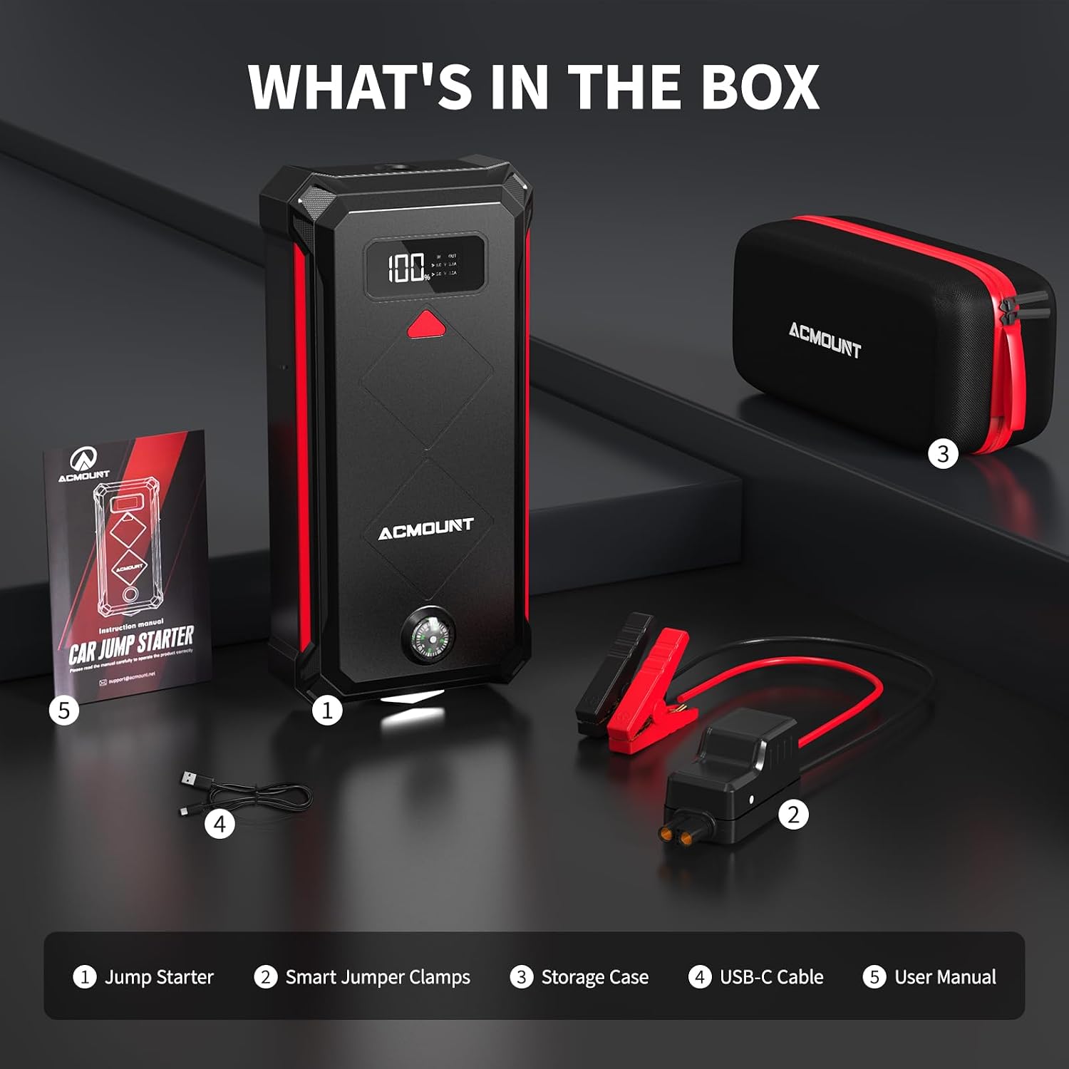 ACMOUNT P100 5000A Car Battery Jump Starter for 10.0L Gas/8.0L Diesel | 12V Portable Jump Box with Jumper Cables, Power Bank, 600LM LED Flashlight, Safety Hammer & Compass - Image 10